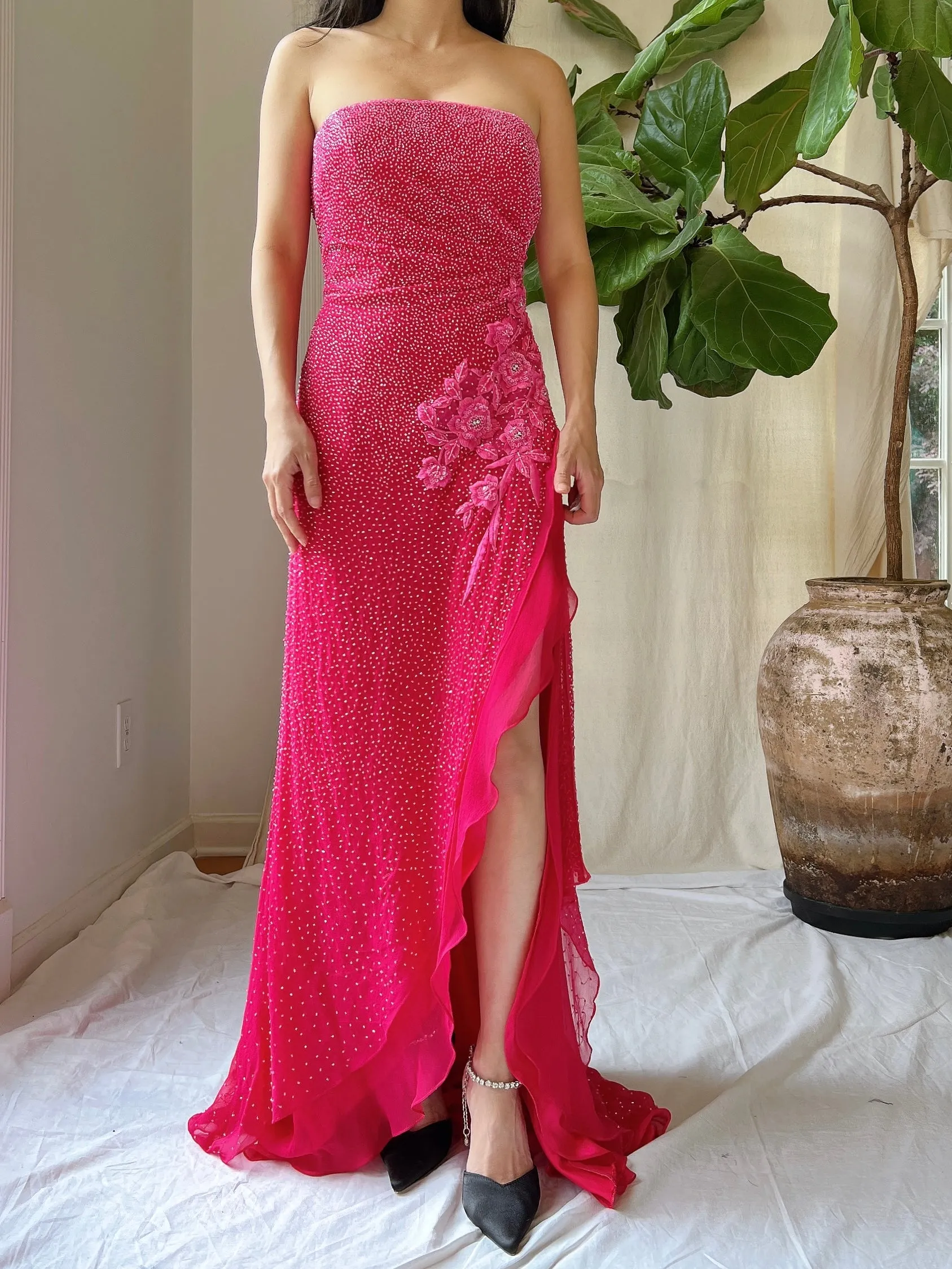 1990s Silk Strapless Beaded Gown - S