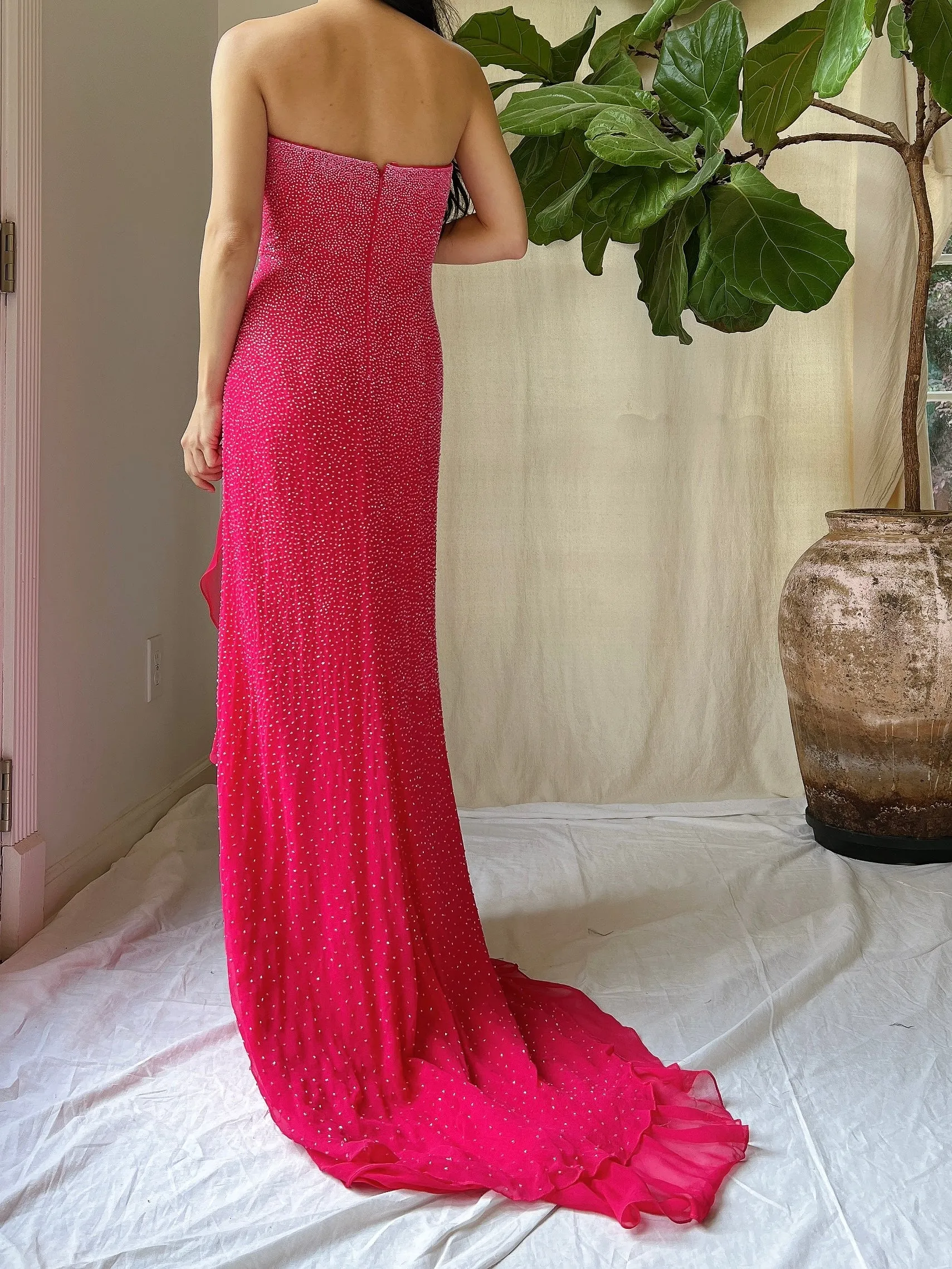 1990s Silk Strapless Beaded Gown - S