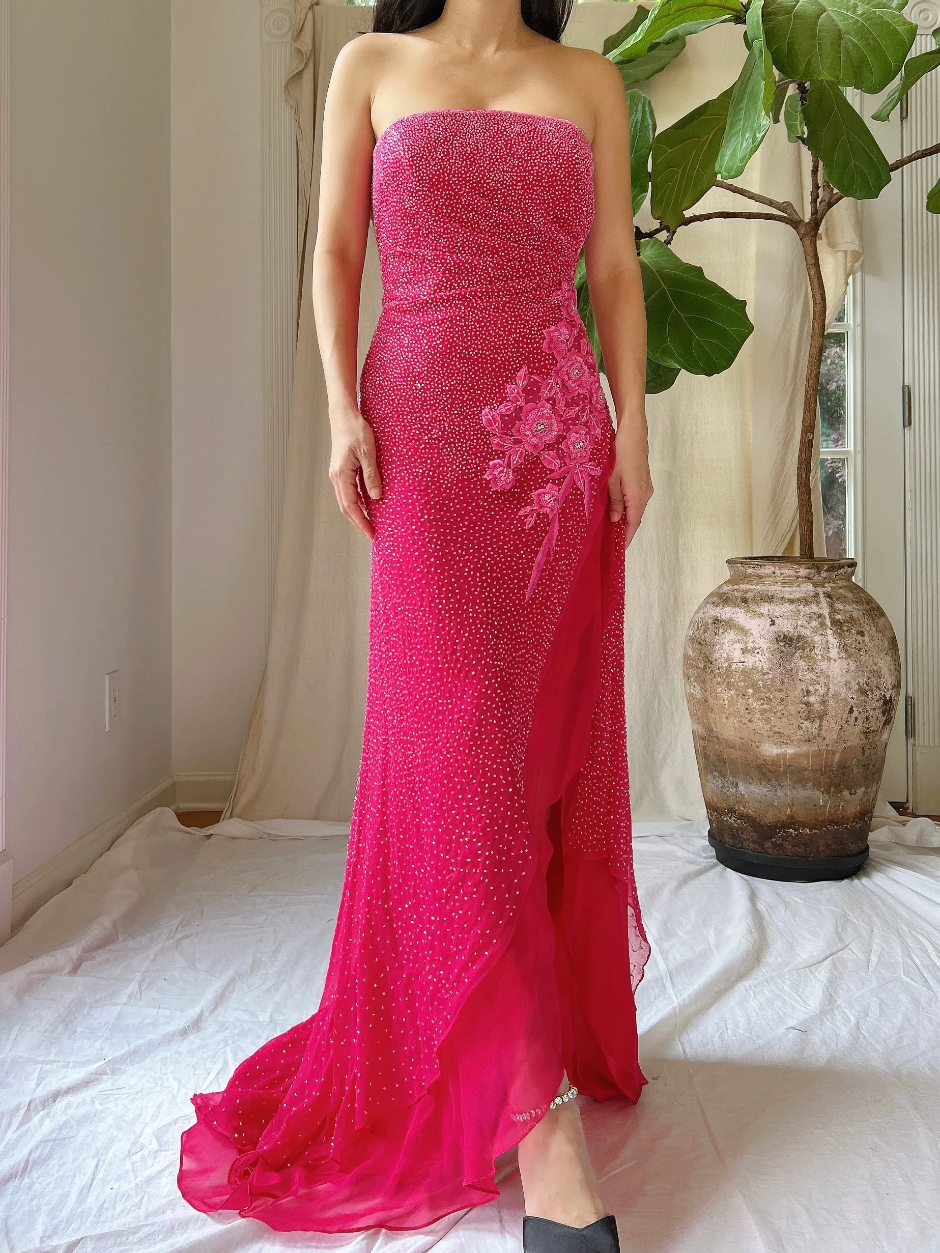 1990s Silk Strapless Beaded Gown - S