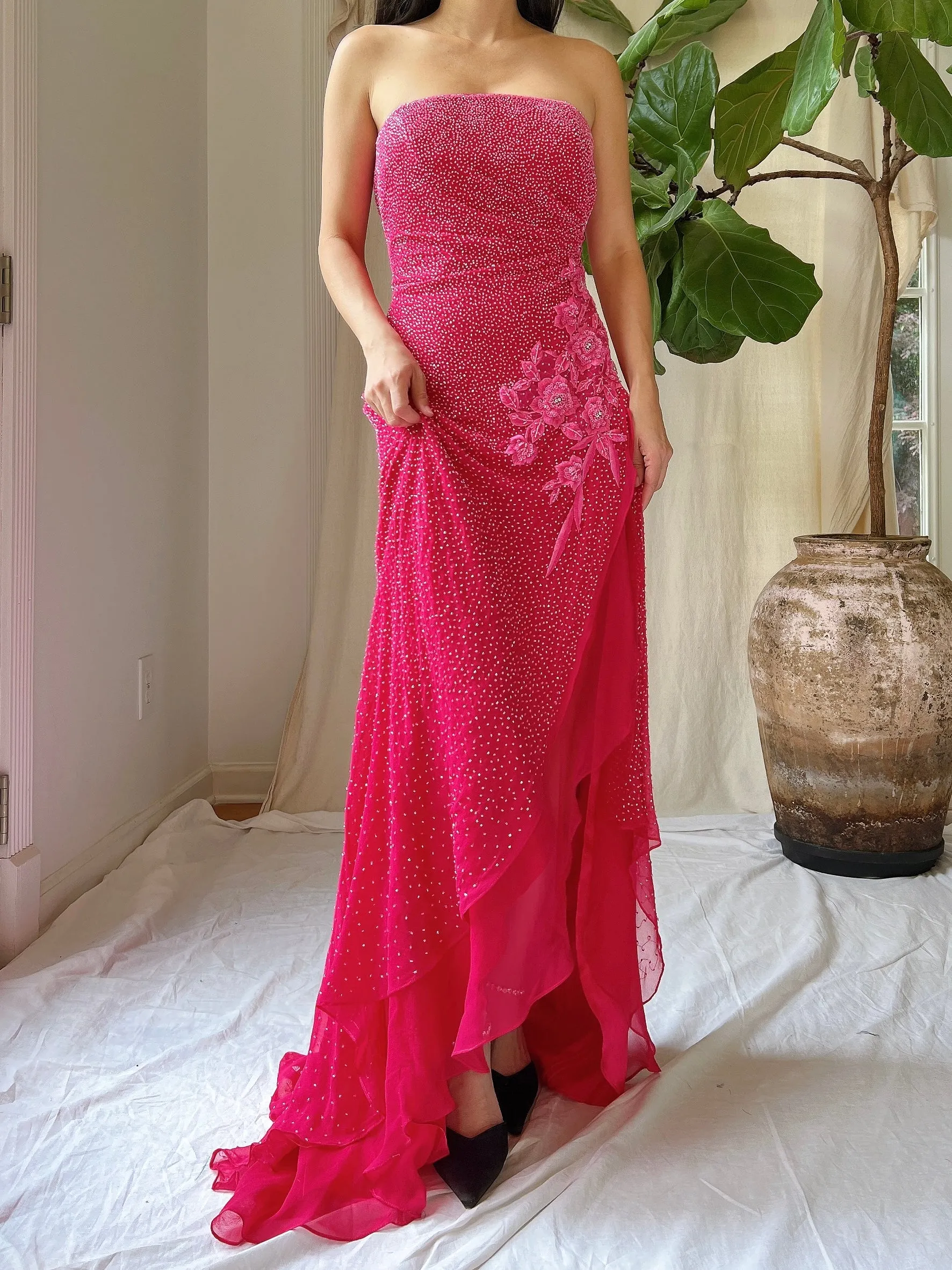 1990s Silk Strapless Beaded Gown - S