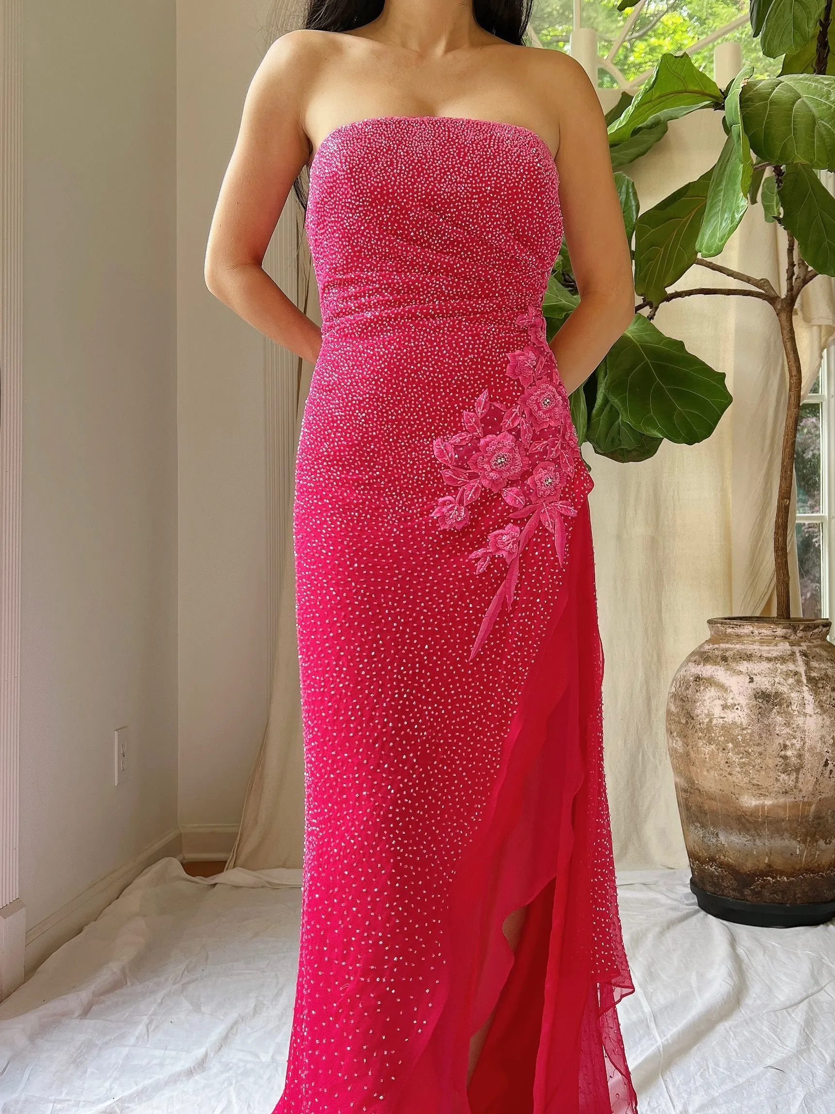 1990s Silk Strapless Beaded Gown - S