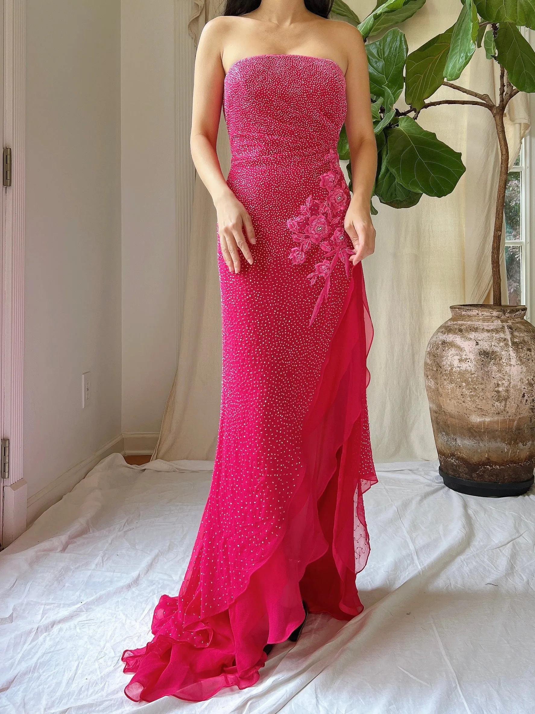 1990s Silk Strapless Beaded Gown - S
