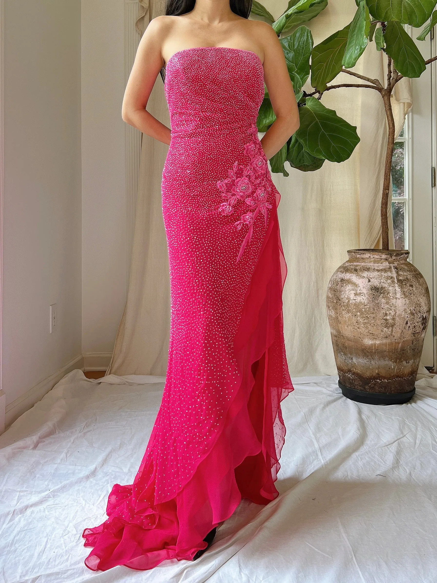 1990s Silk Strapless Beaded Gown - S