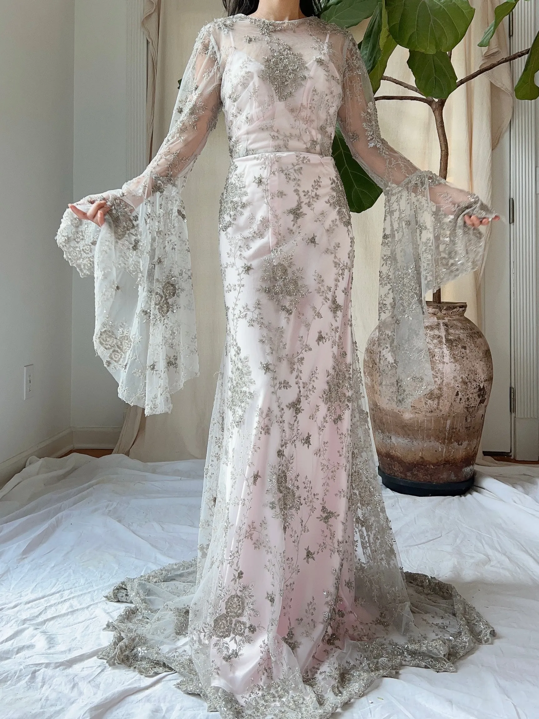 Angel Sleeves Gray Beaded Gown - S/M