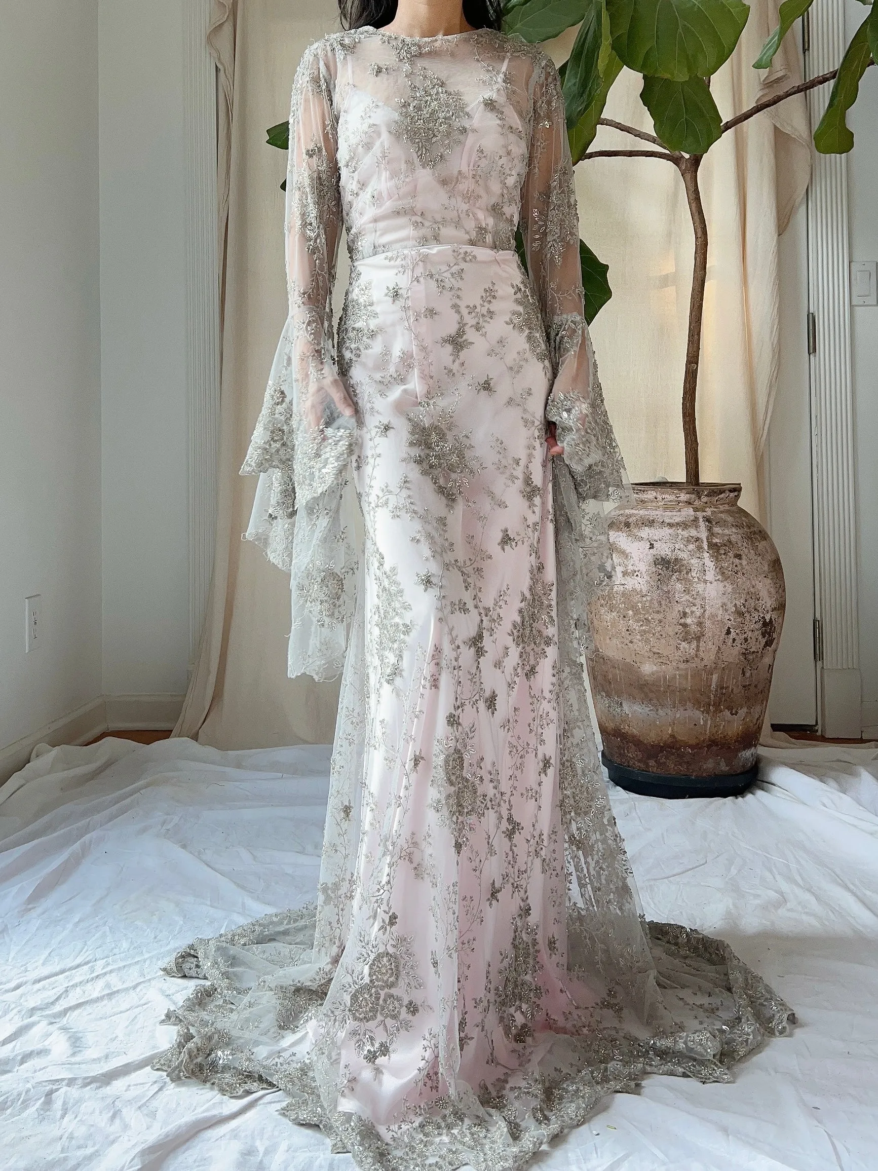 Angel Sleeves Gray Beaded Gown - S/M