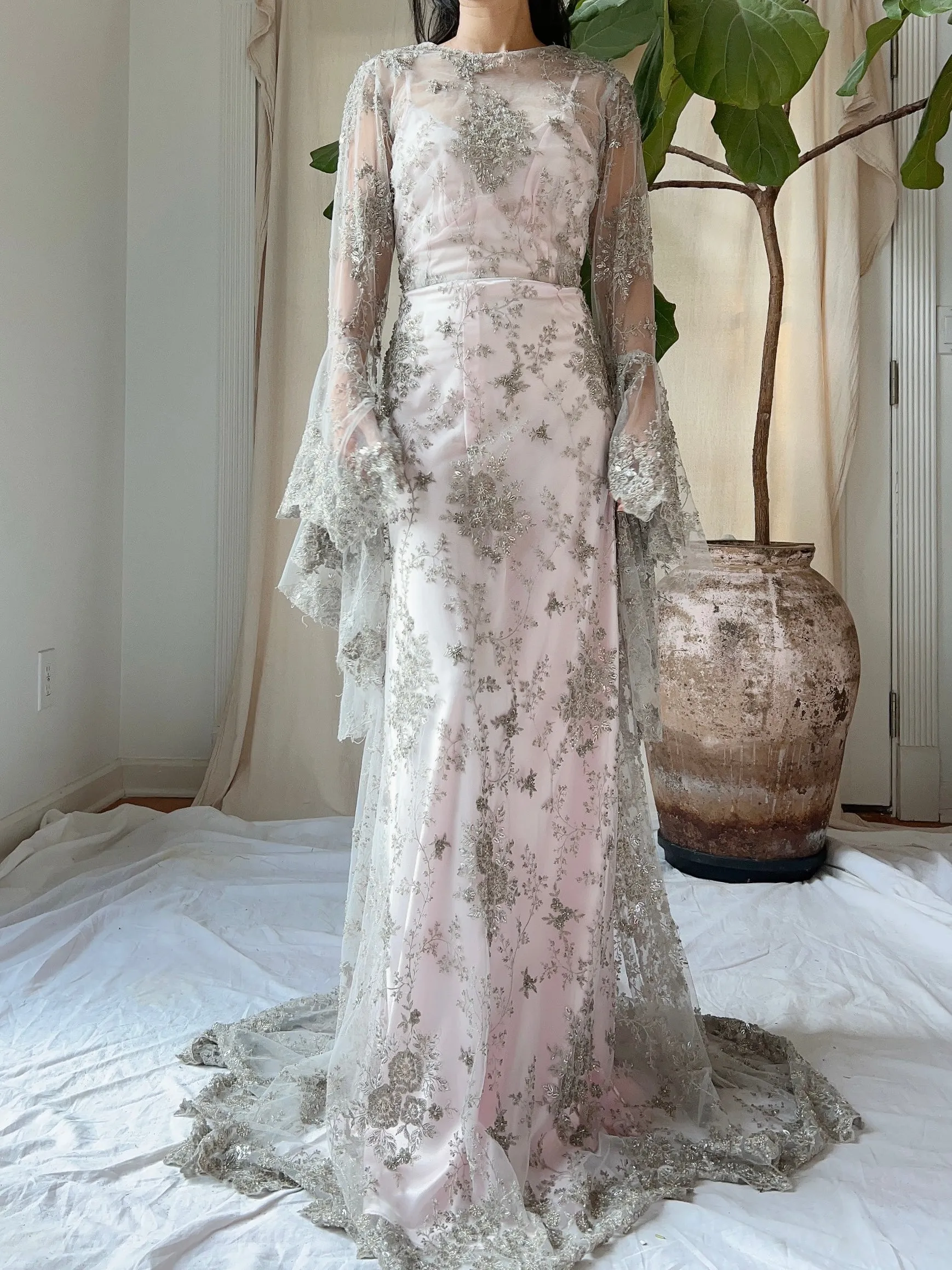 Angel Sleeves Gray Beaded Gown - S/M
