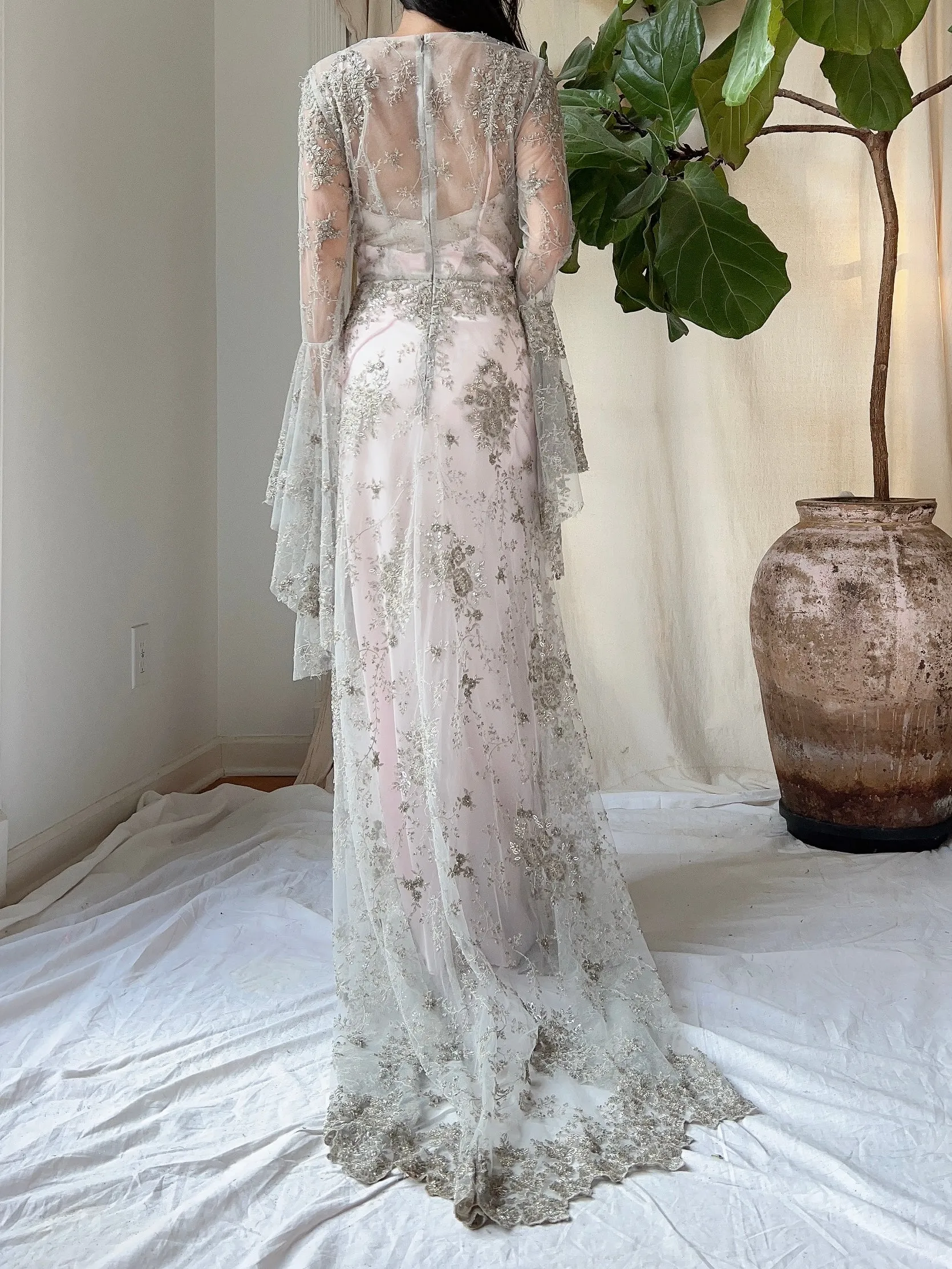 Angel Sleeves Gray Beaded Gown - S/M