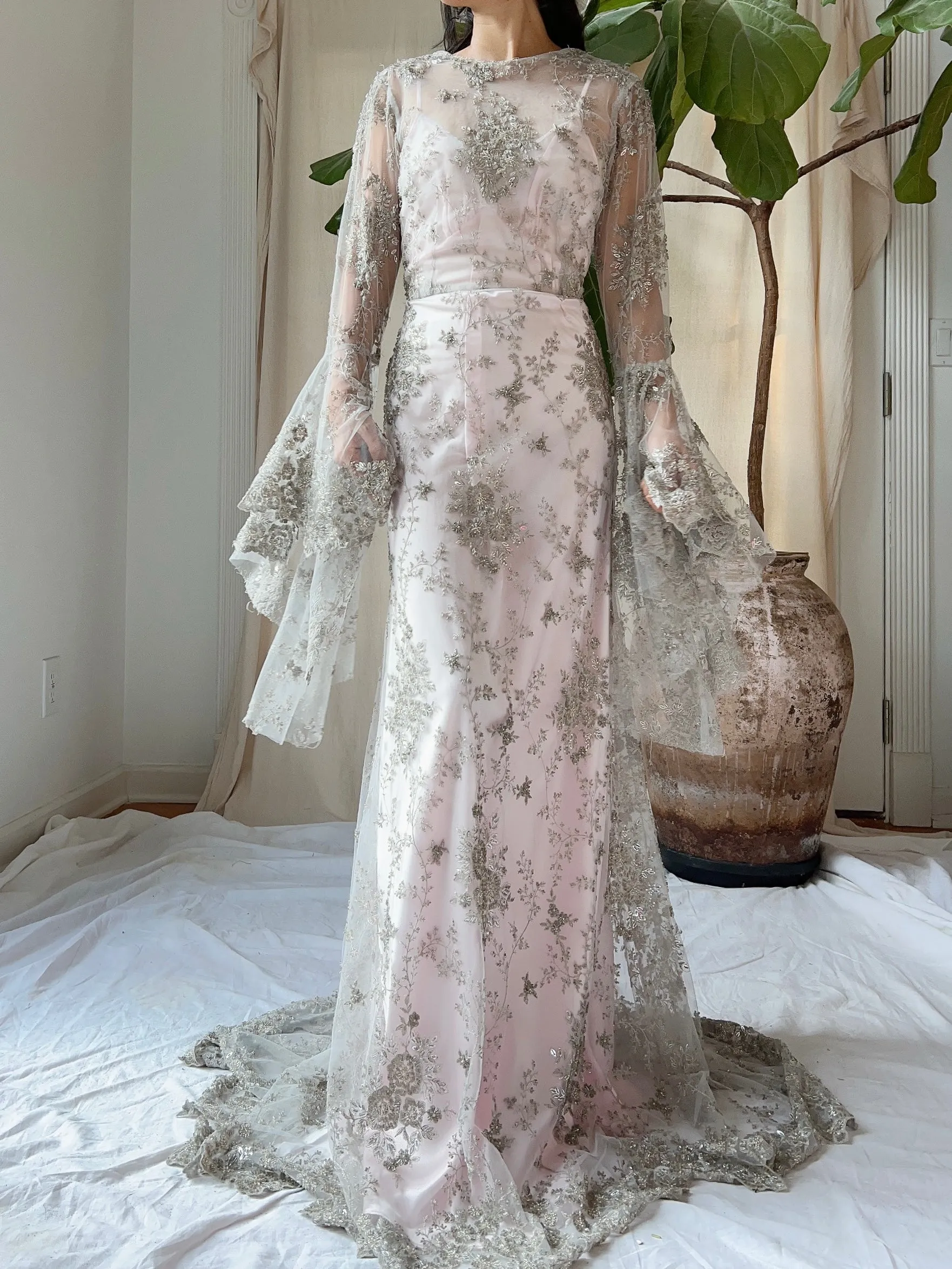 Angel Sleeves Gray Beaded Gown - S/M