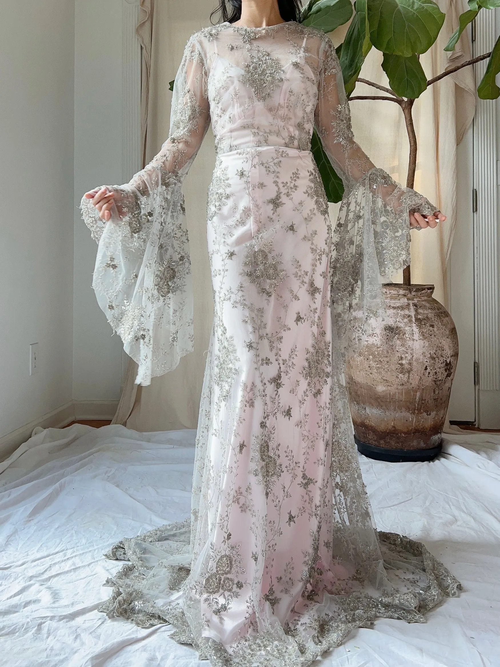 Angel Sleeves Gray Beaded Gown - S/M