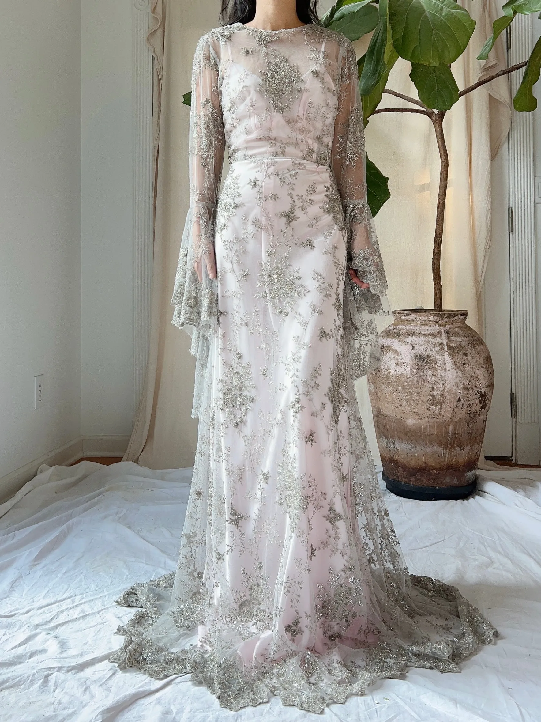 Angel Sleeves Gray Beaded Gown - S/M