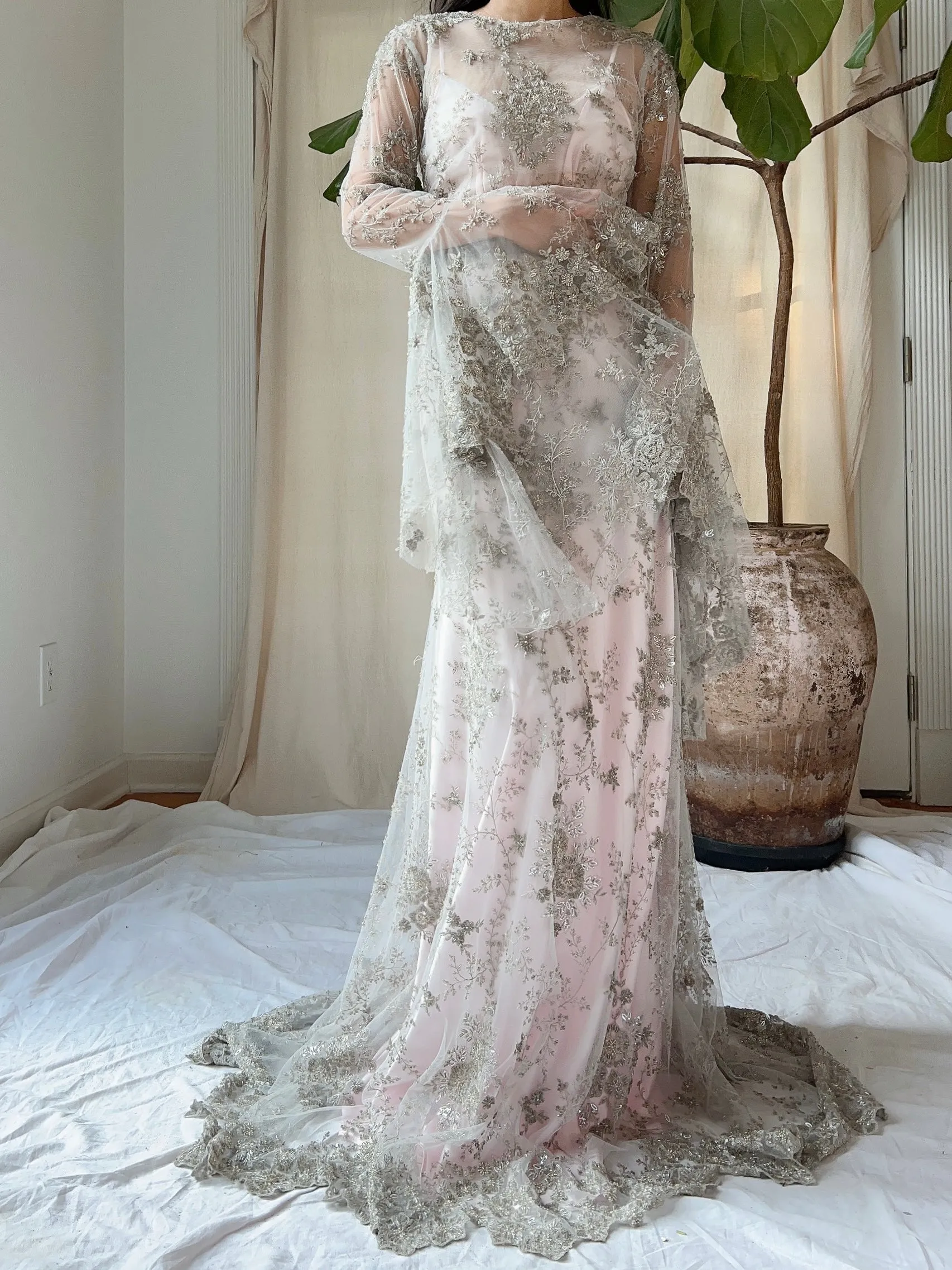 Angel Sleeves Gray Beaded Gown - S/M