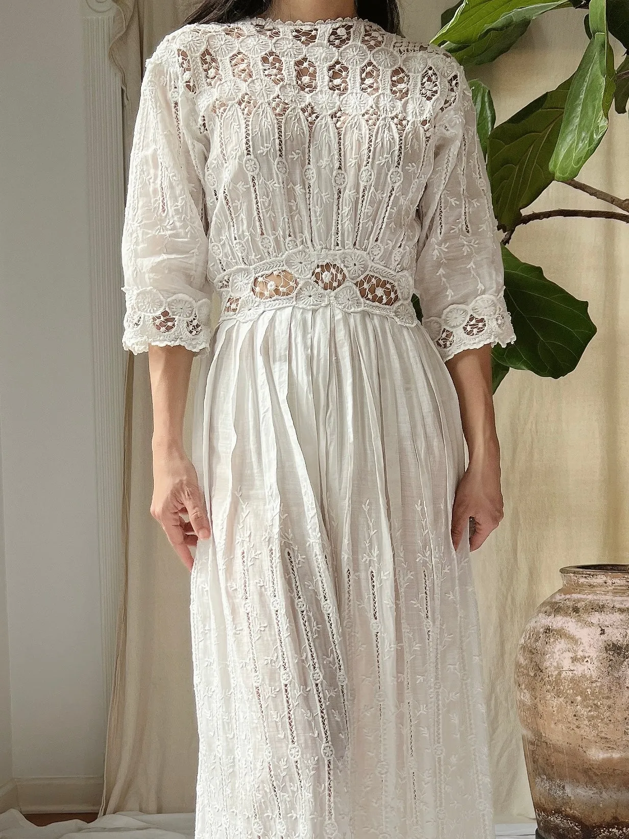 Antique Cotton Embroidered Dress - S