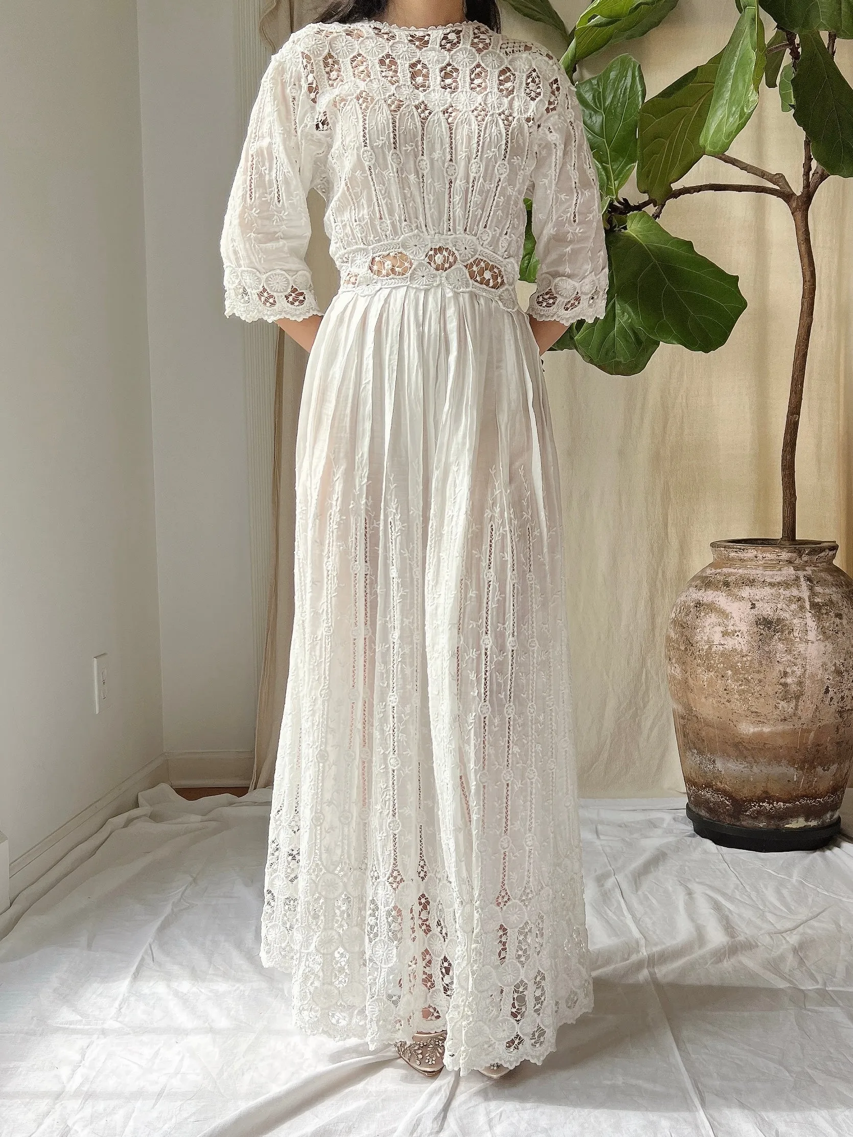 Antique Cotton Embroidered Dress - S