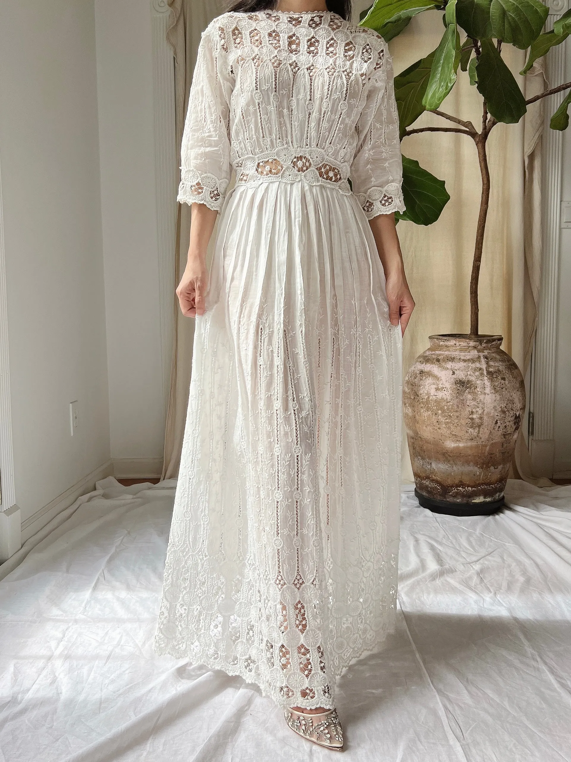 Antique Cotton Embroidered Dress - S