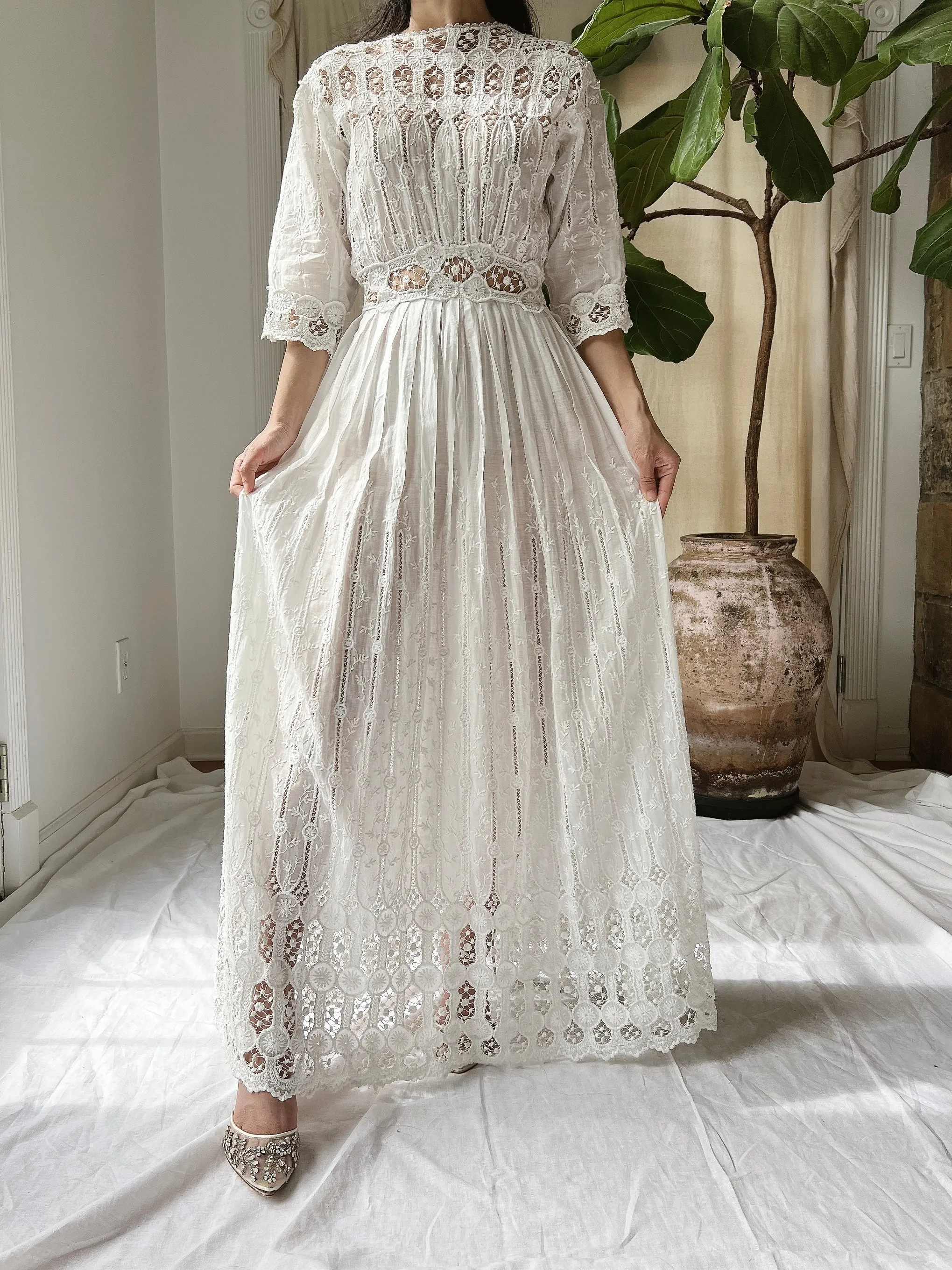 Antique Cotton Embroidered Dress - S