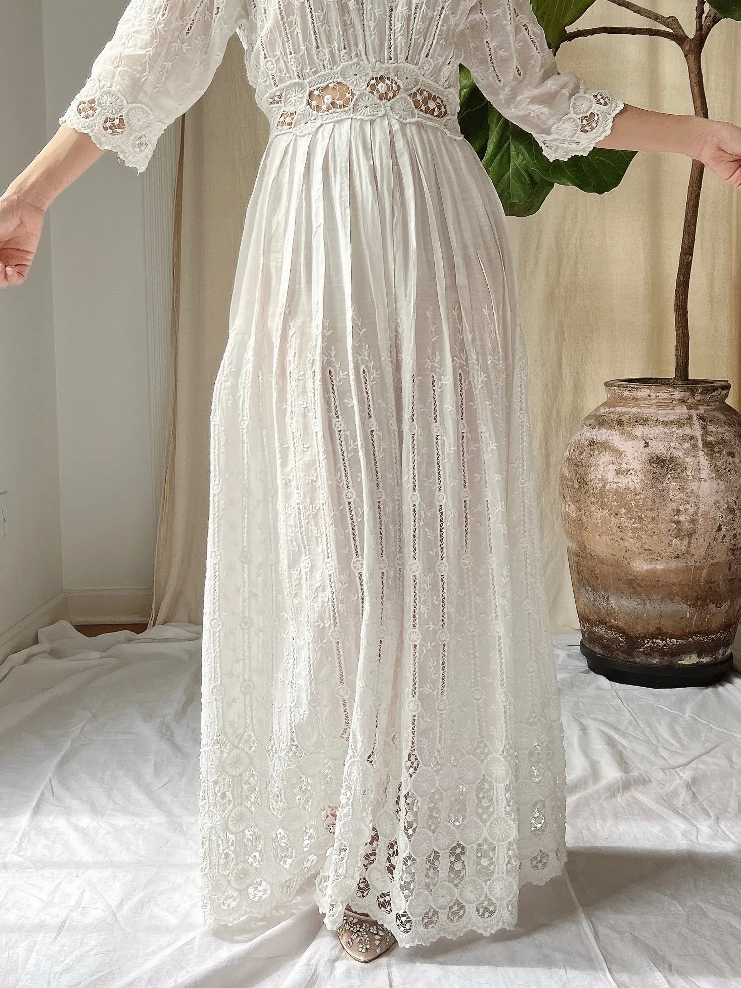 Antique Cotton Embroidered Dress - S
