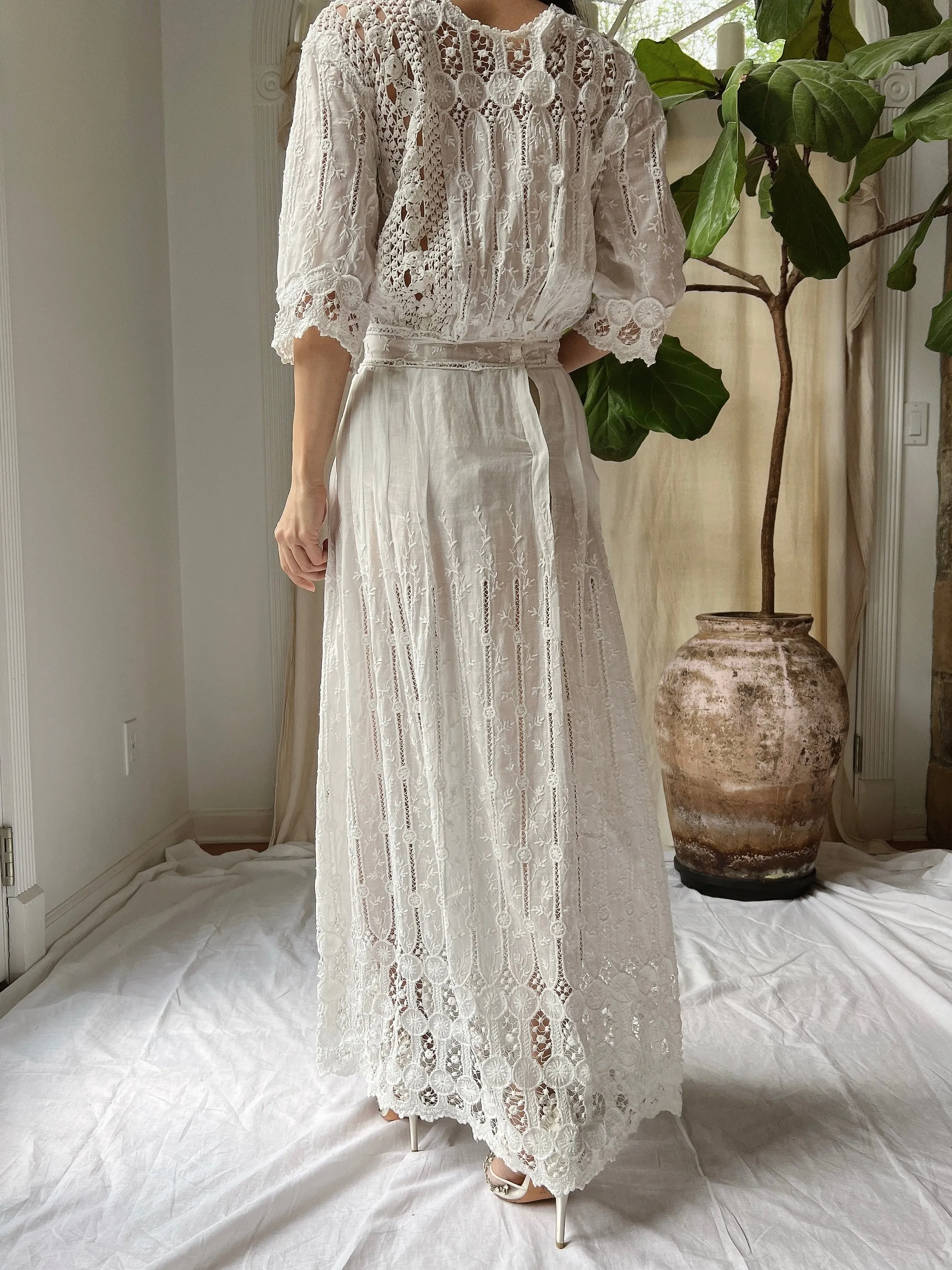 Antique Cotton Embroidered Dress - S