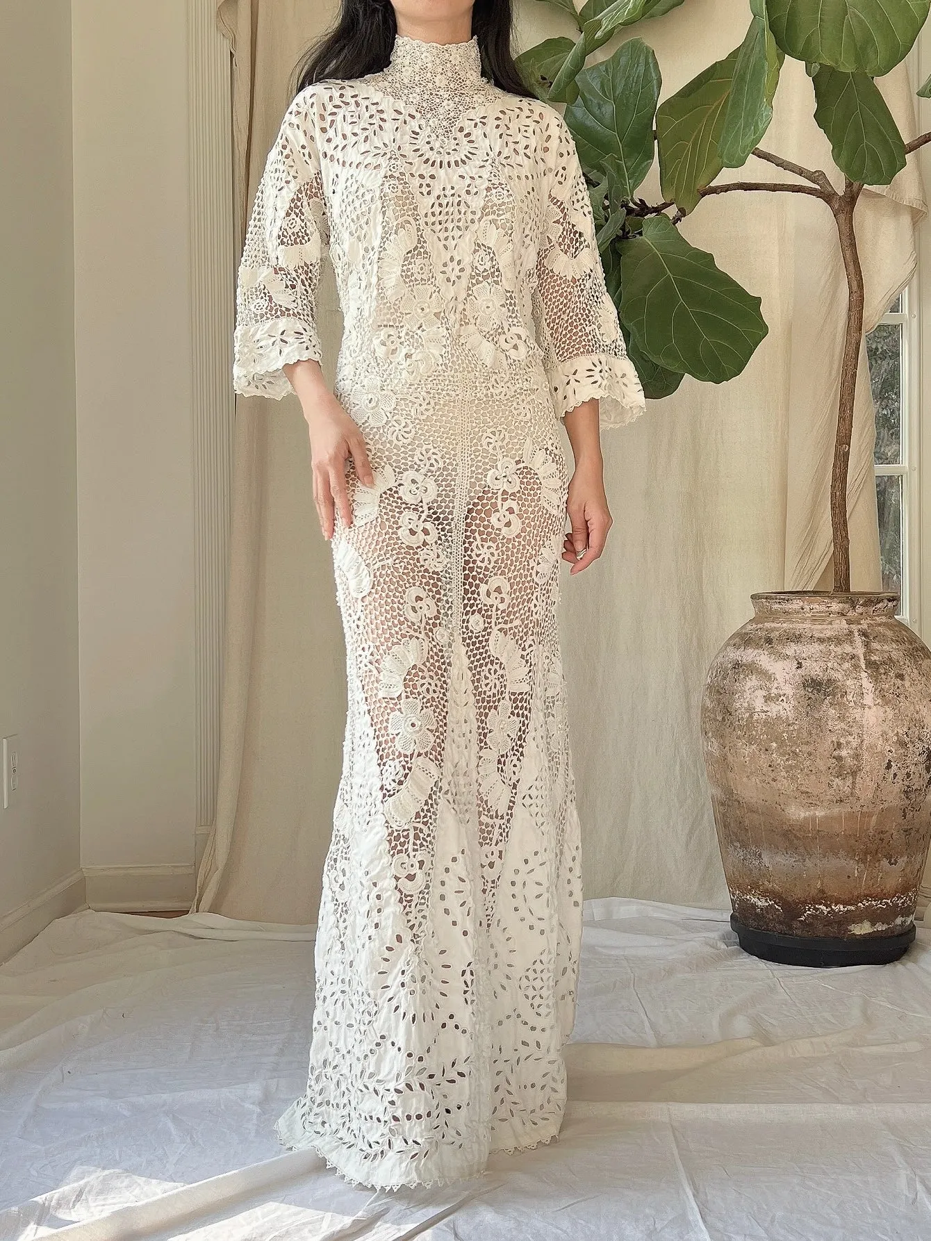 Antique Irish Crochet & Linen Embroidered Gown - M/L