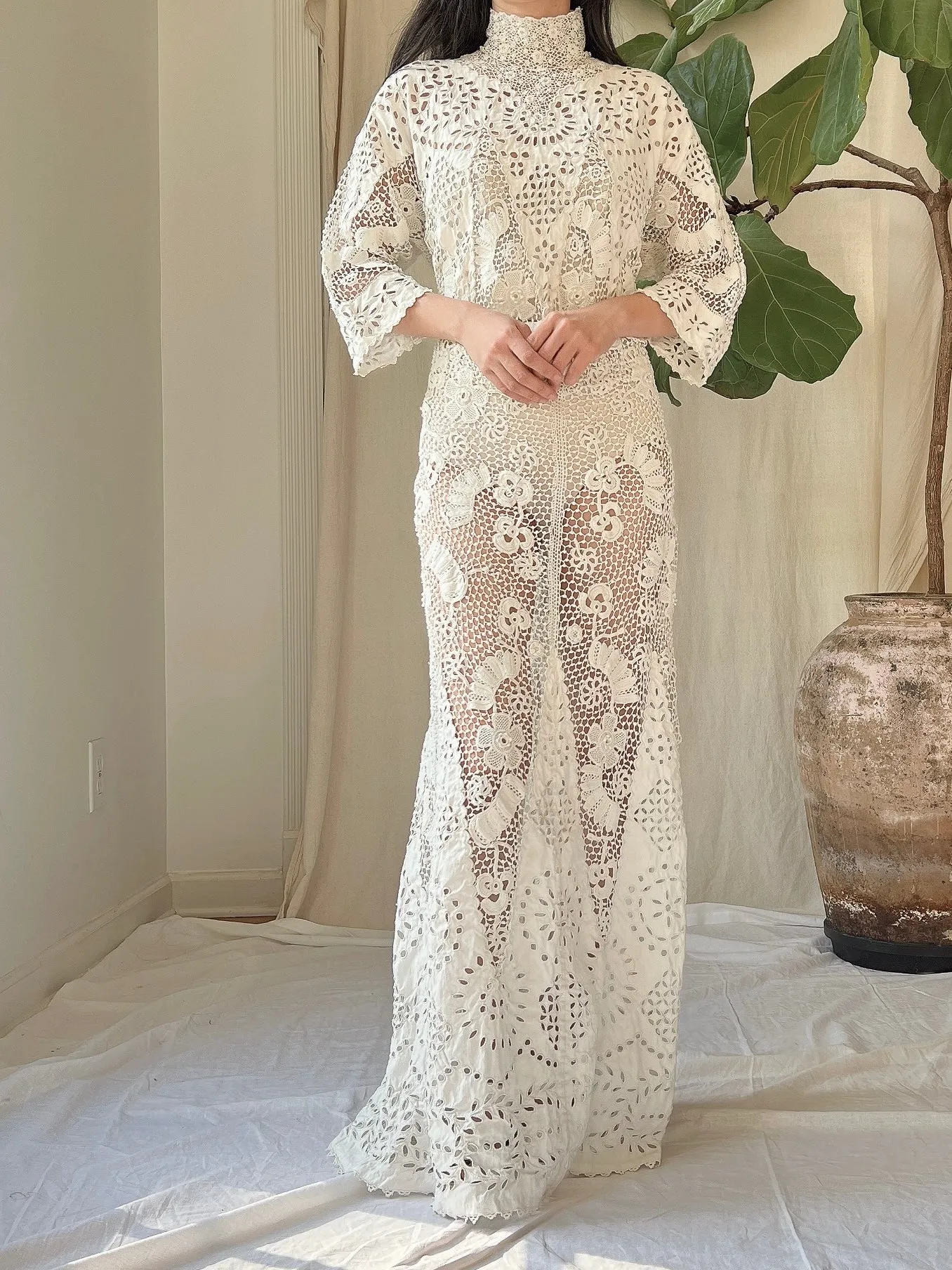 Antique Irish Crochet & Linen Embroidered Gown - M/L