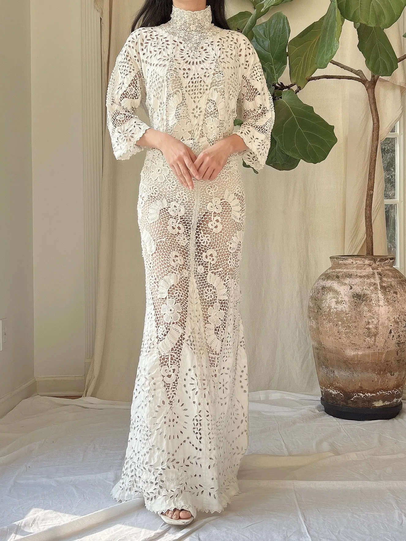 Antique Irish Crochet & Linen Embroidered Gown - M/L