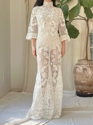 Antique Irish Crochet & Linen Embroidered Gown - M/L