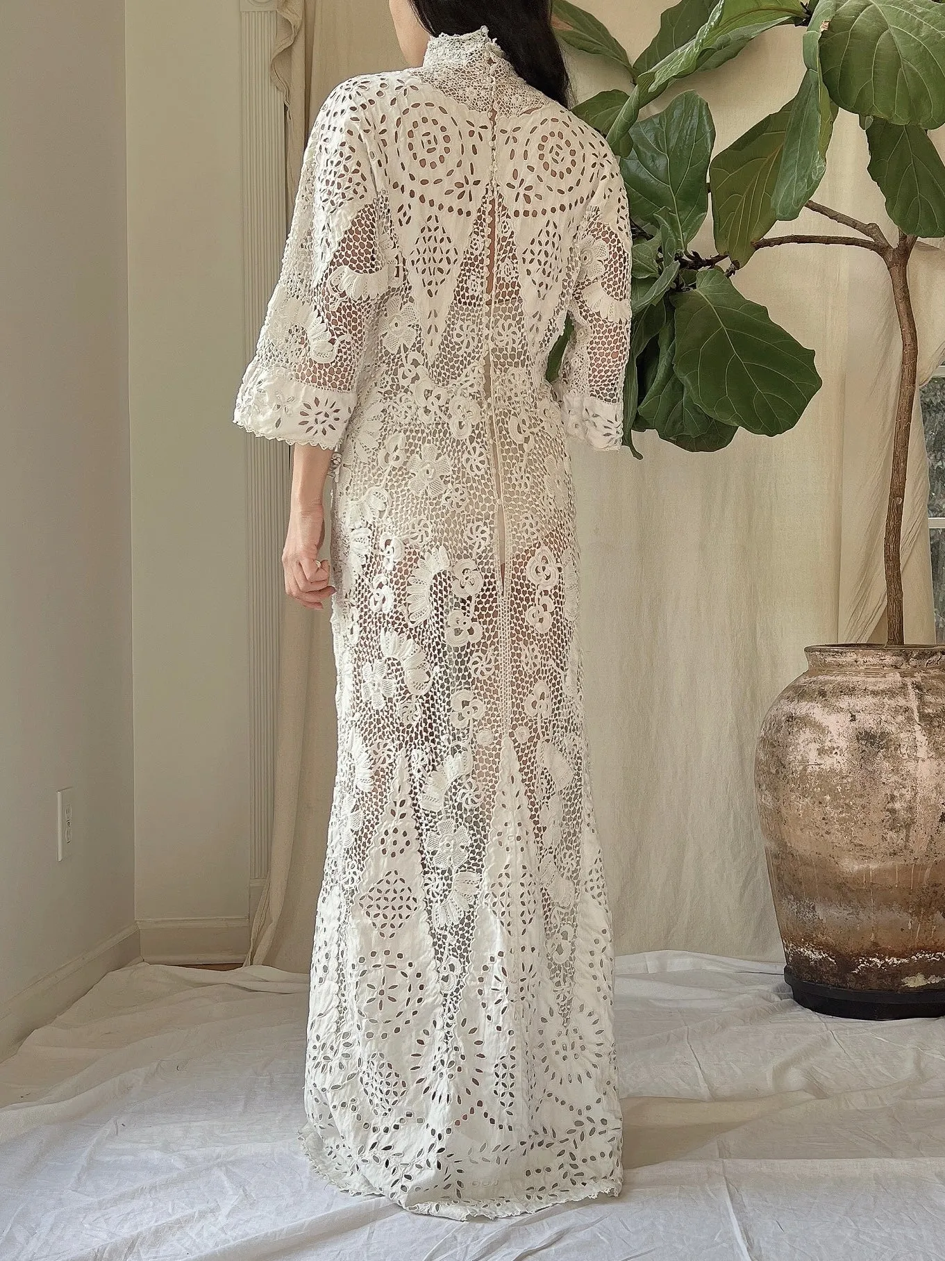 Antique Irish Crochet & Linen Embroidered Gown - M/L