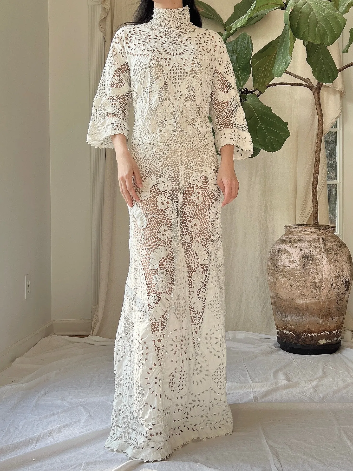 Antique Irish Crochet & Linen Embroidered Gown - M/L