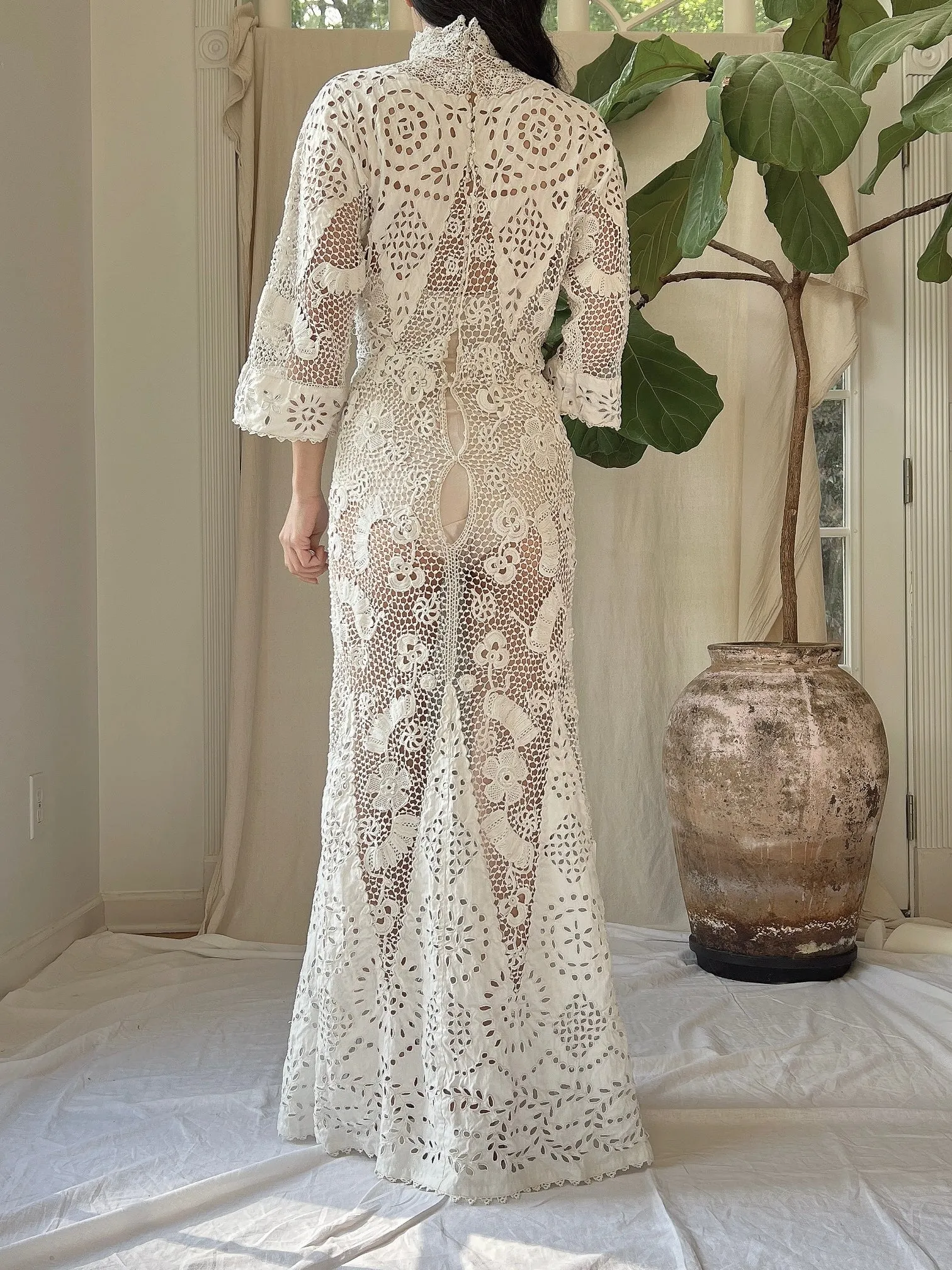 Antique Irish Crochet & Linen Embroidered Gown - M/L