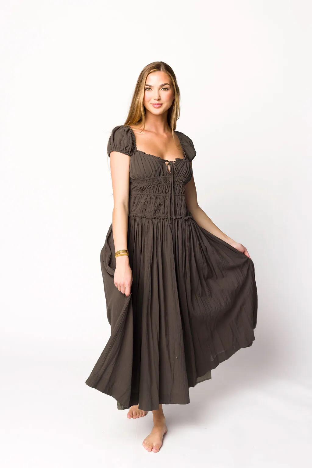 Aria Smocked Maxi Dress with Dropped Waist in Olive