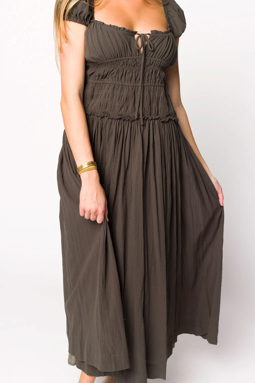 Aria Smocked Maxi Dress with Dropped Waist in Olive