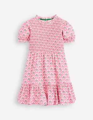 Aurora Shirred Twirly Dress-Pink Rose Woodblock Floral