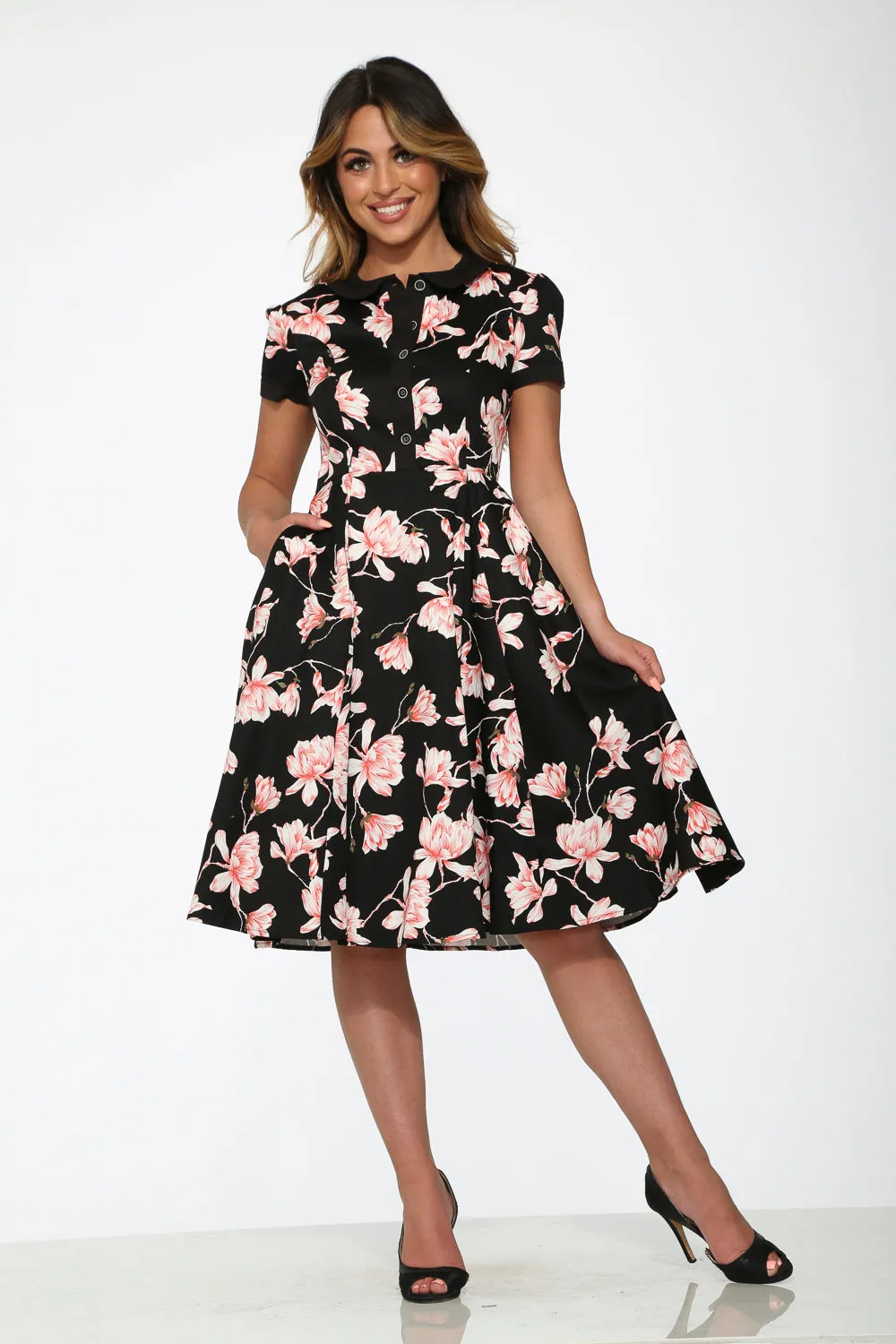 Black & Pink Floral Swing Dress