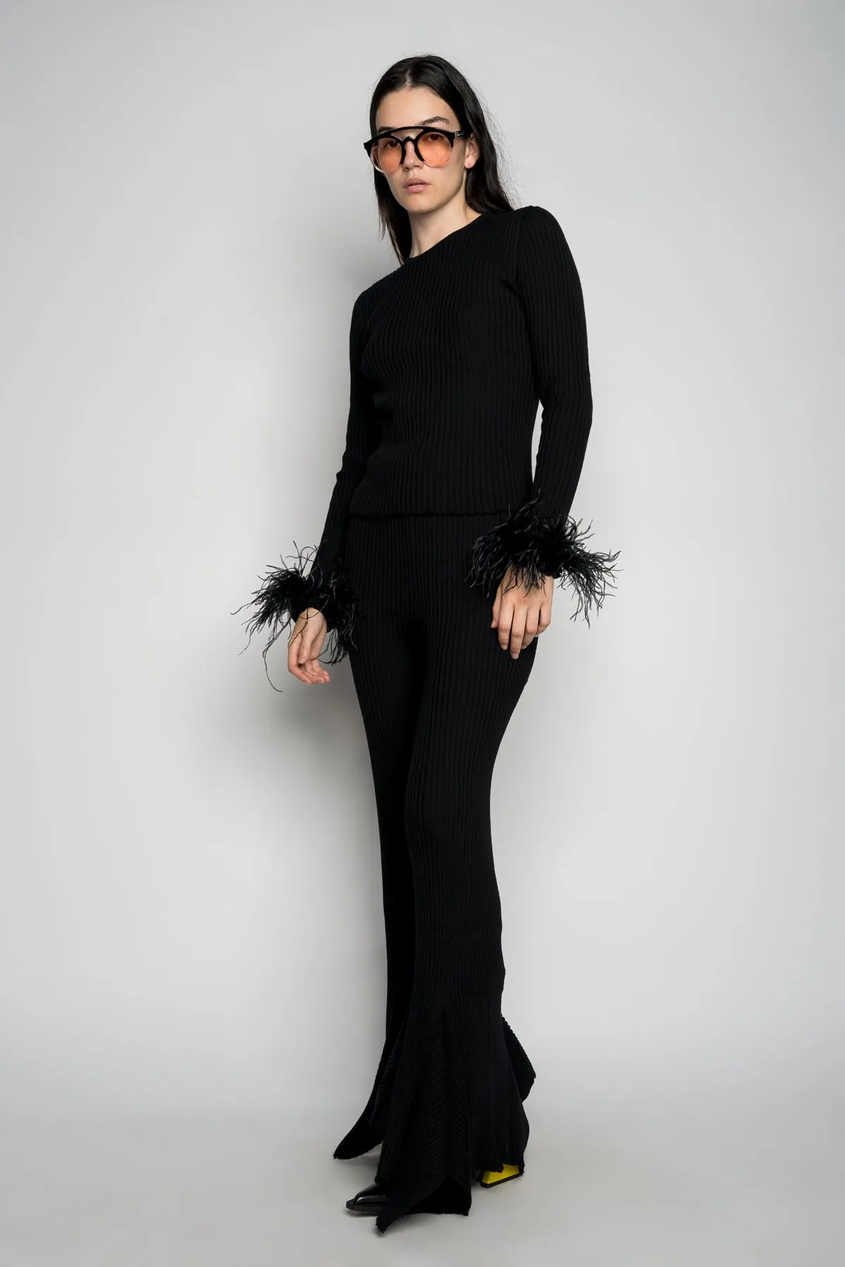 BLACK MERINO WOOL KNITTED TROUSERS