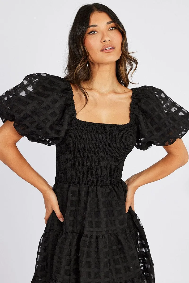 Black Midi Dress shirred Bust Puff Sleeve
