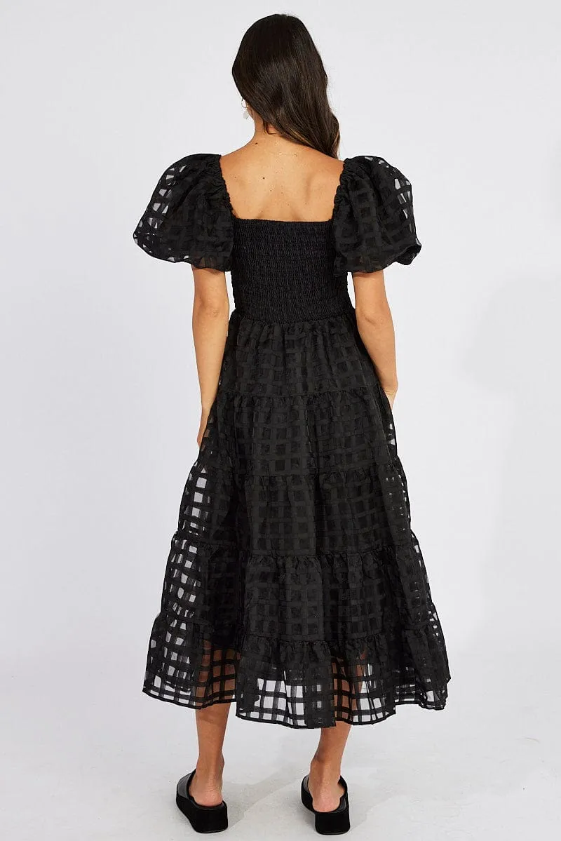 Black Midi Dress shirred Bust Puff Sleeve
