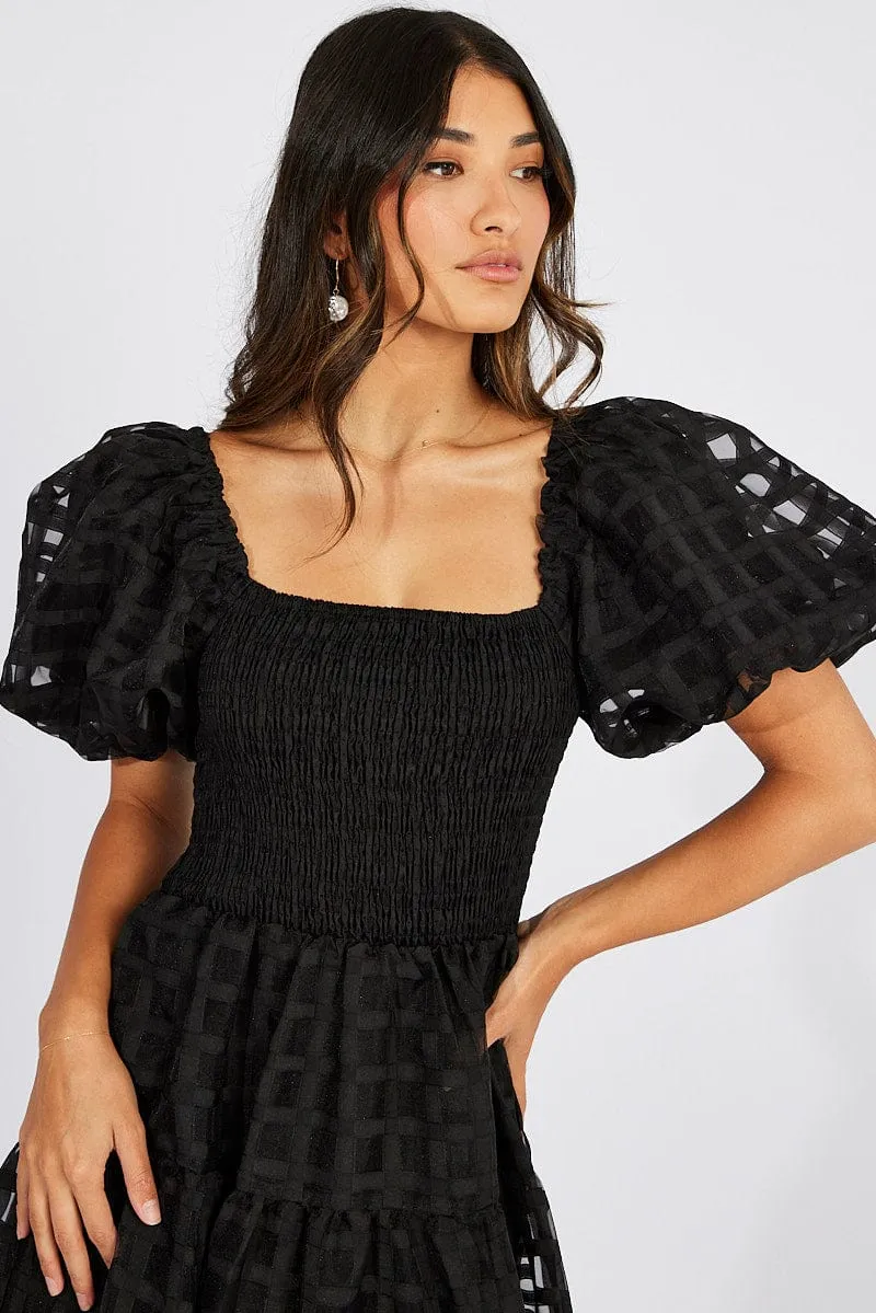 Black Midi Dress shirred Bust Puff Sleeve
