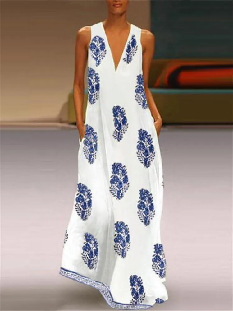 Bohemian V Neck Floral Print Sleeveless Women Maxi Dress
