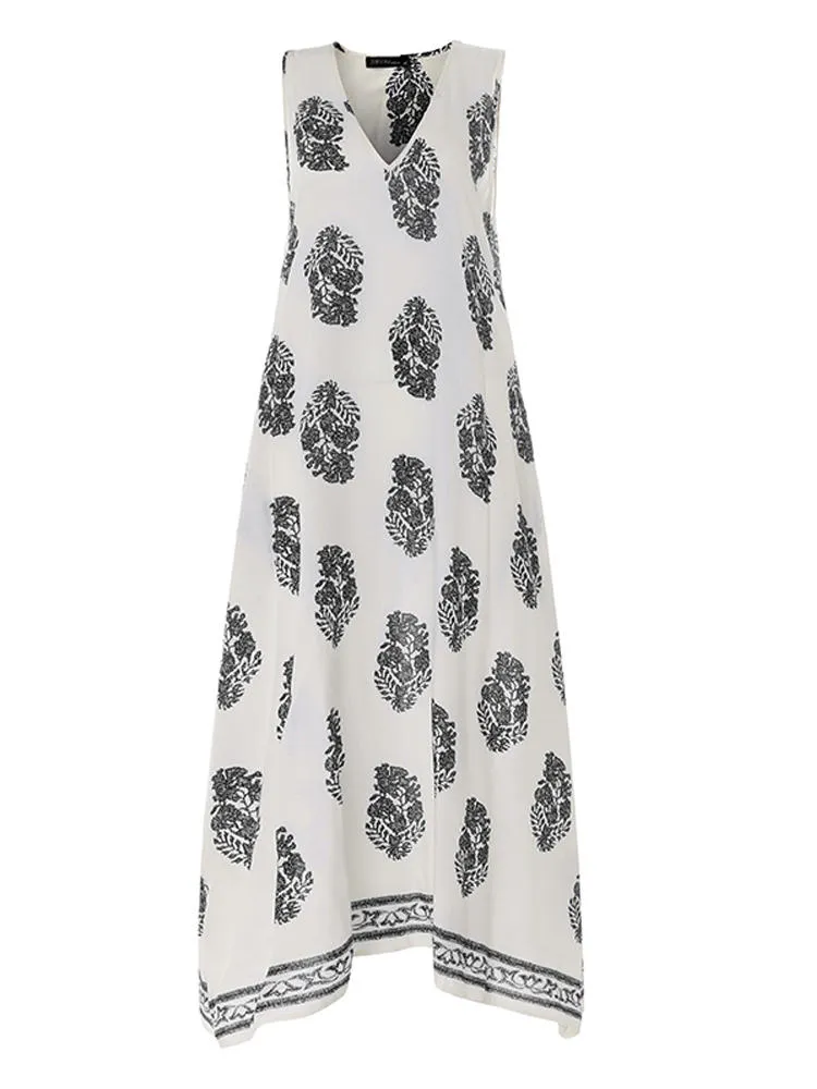 Bohemian V Neck Floral Print Sleeveless Women Maxi Dress