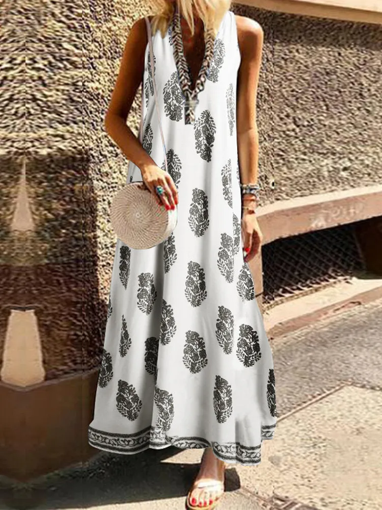 Bohemian V Neck Floral Print Sleeveless Women Maxi Dress