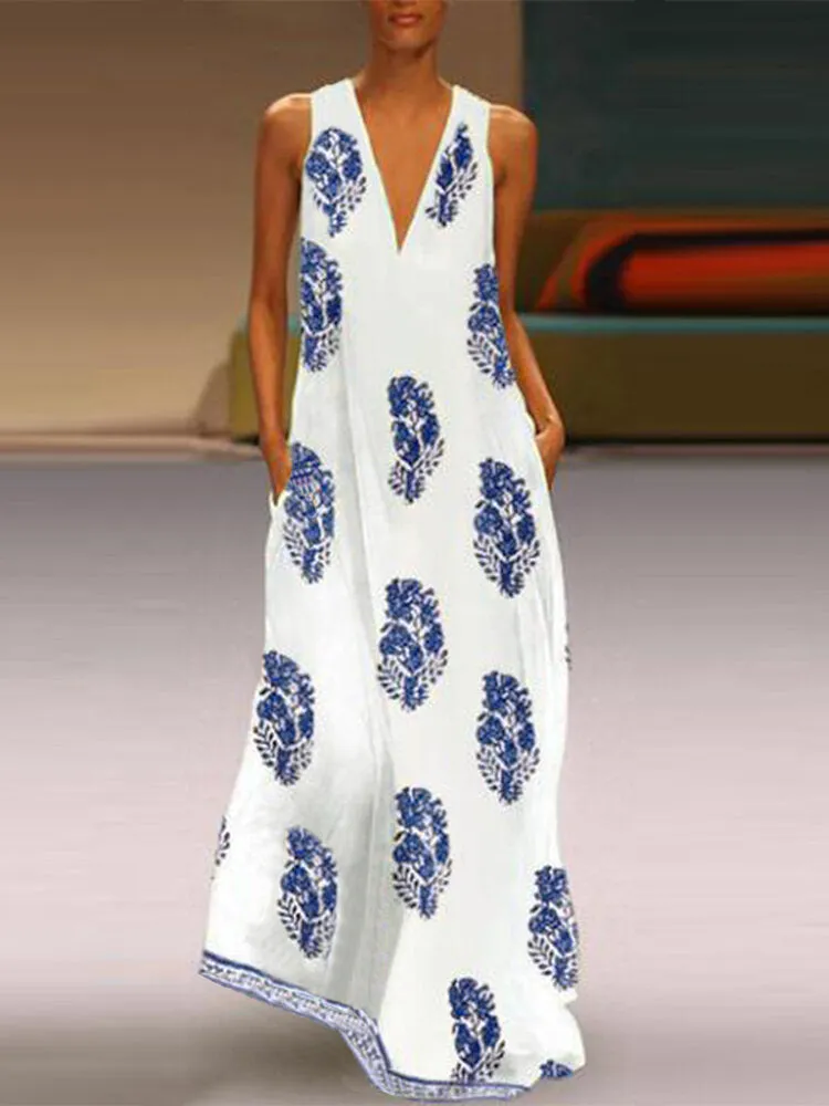 Bohemian V Neck Floral Print Sleeveless Women Maxi Dress