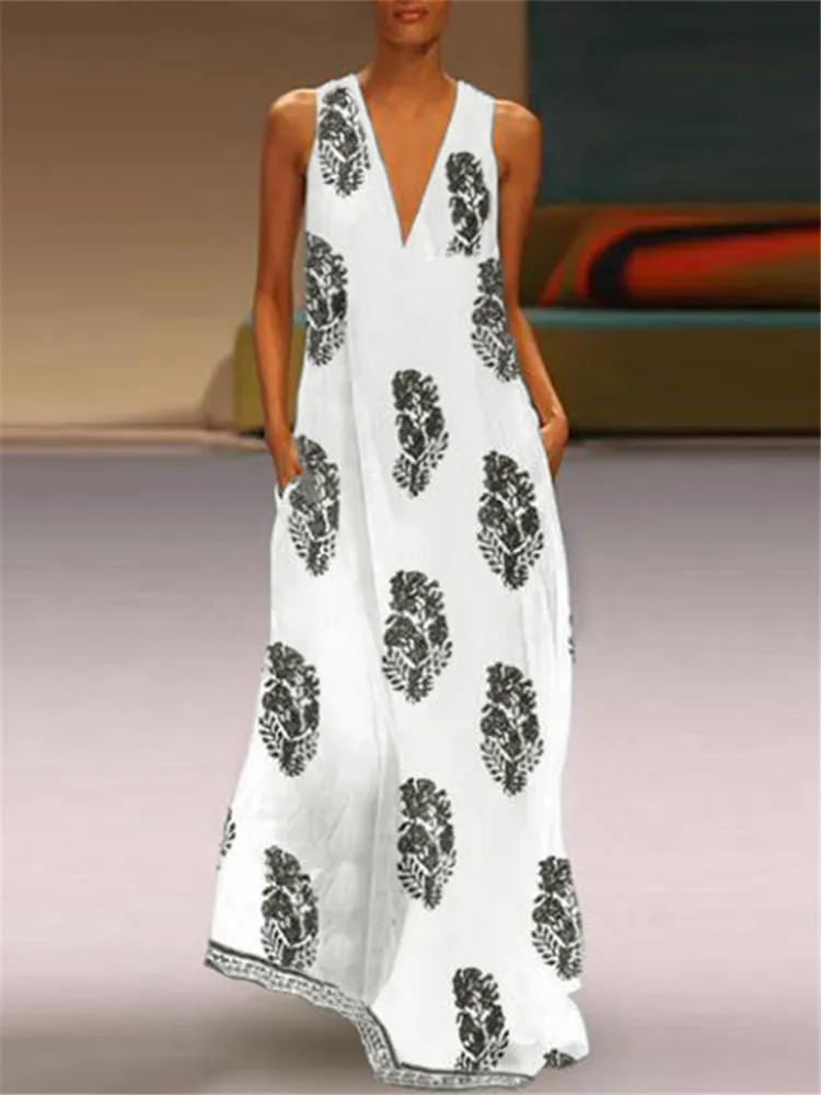 Bohemian V Neck Floral Print Sleeveless Women Maxi Dress