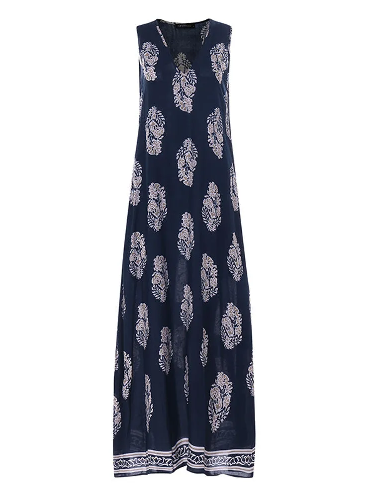 Bohemian V Neck Floral Print Sleeveless Women Maxi Dress