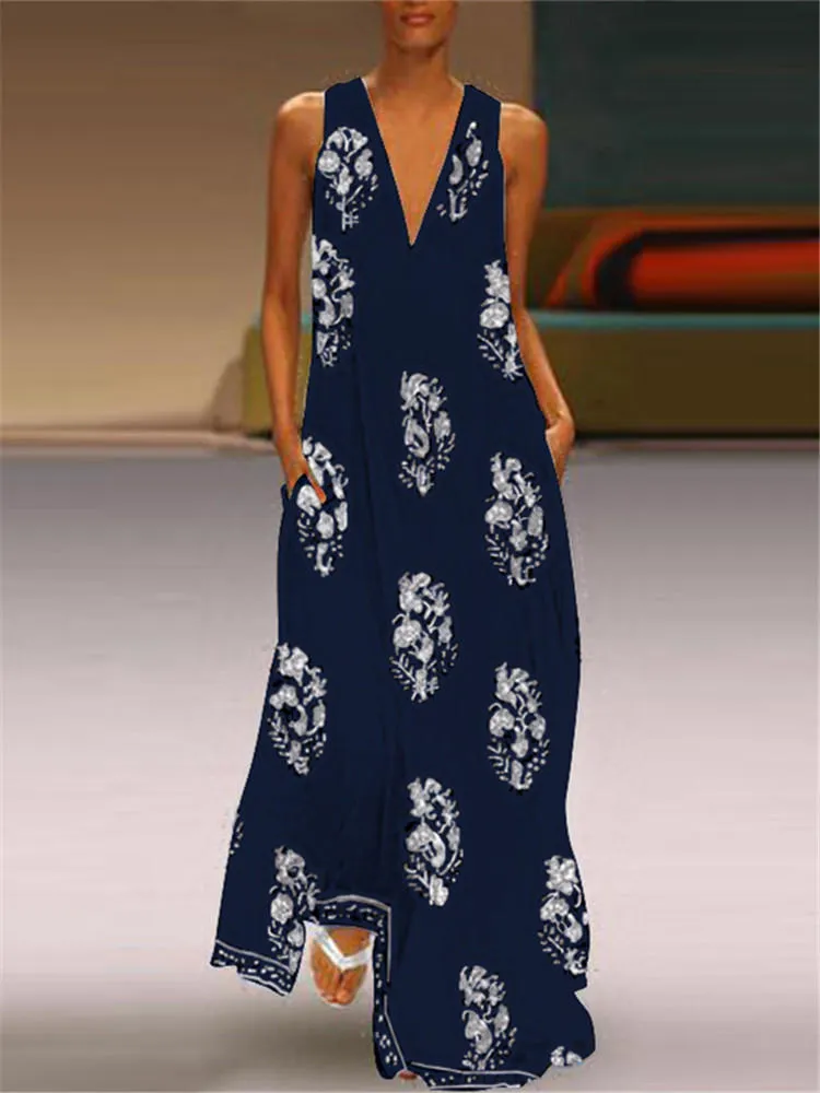Bohemian V Neck Floral Print Sleeveless Women Maxi Dress