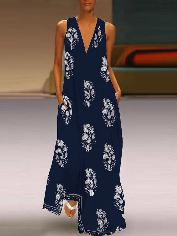 Bohemian V Neck Floral Print Sleeveless Women Maxi Dress