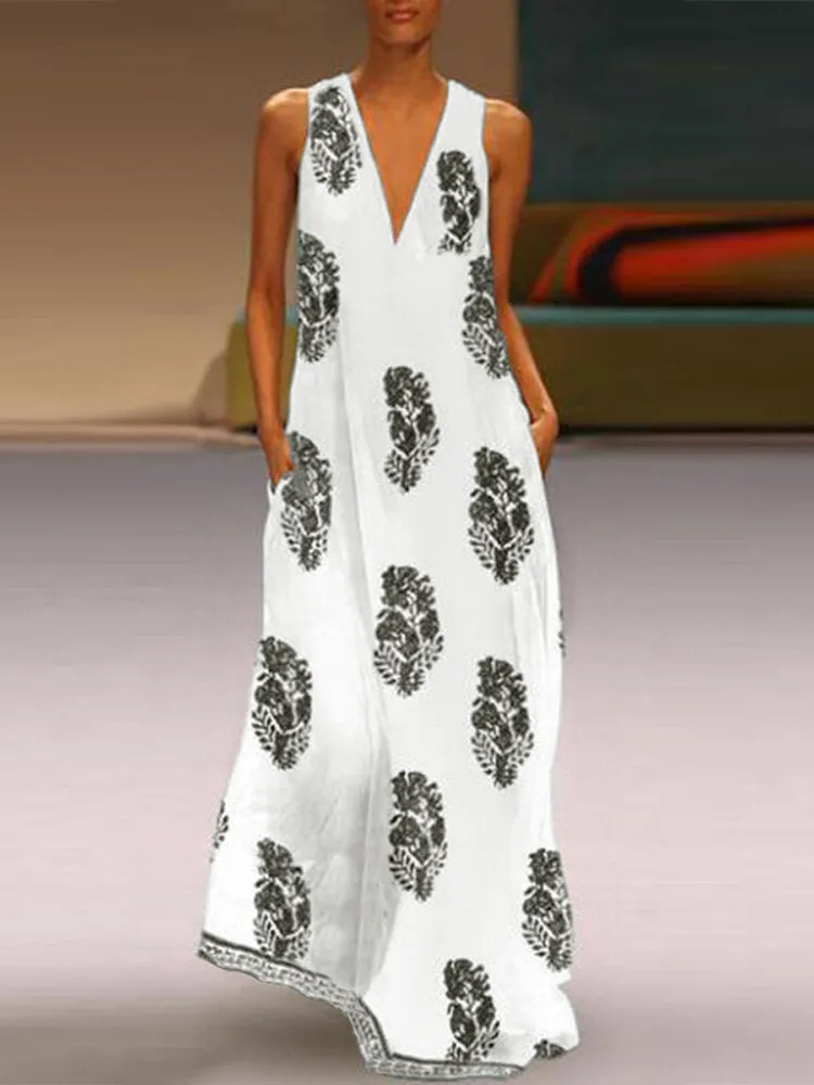 Bohemian V Neck Floral Print Sleeveless Women Maxi Dress