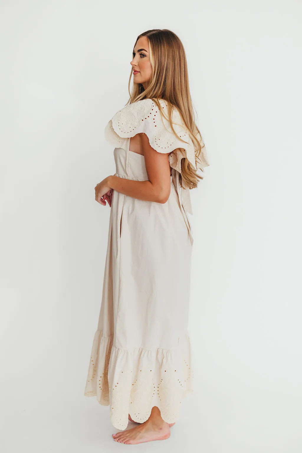 Brooklyn 100% Cotton Eyelet Detail Maxi Dress in Natural
