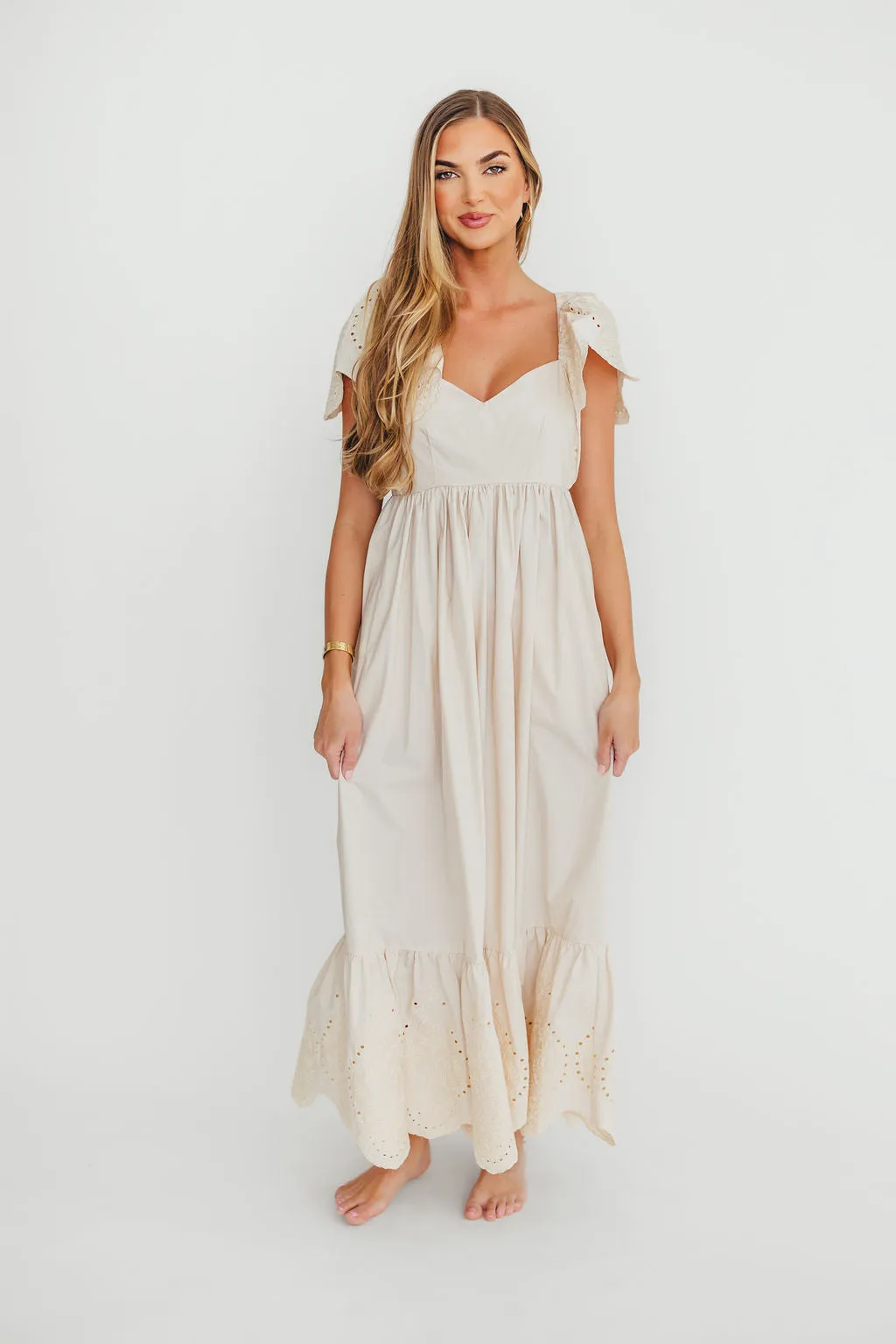 Brooklyn 100% Cotton Eyelet Detail Maxi Dress in Natural