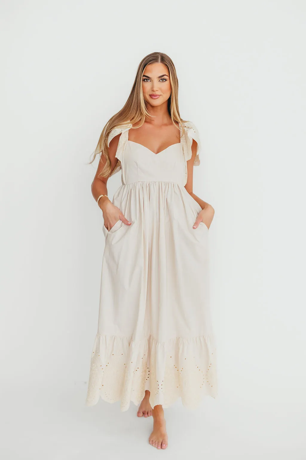 Brooklyn 100% Cotton Eyelet Detail Maxi Dress in Natural