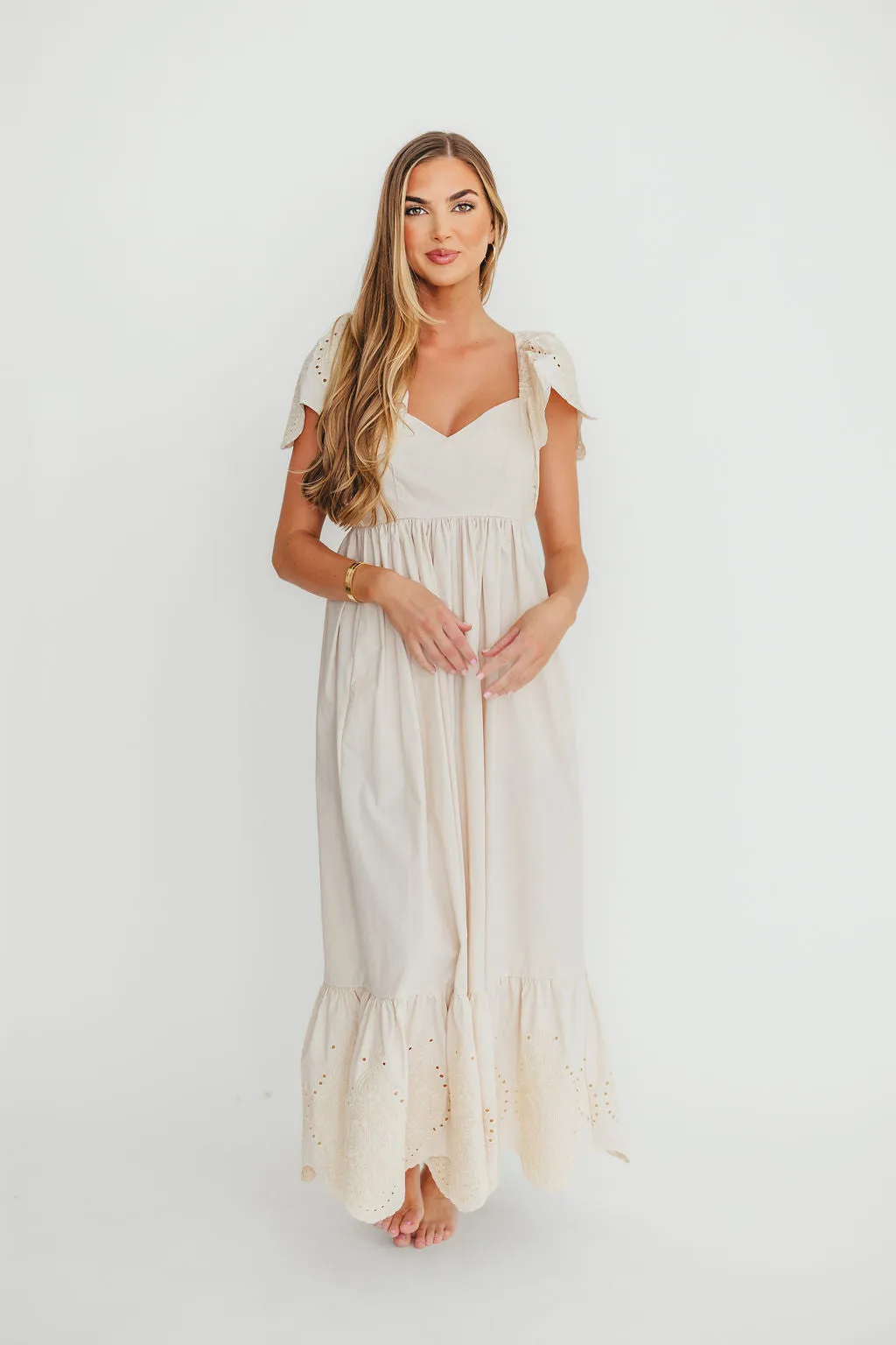Brooklyn 100% Cotton Eyelet Detail Maxi Dress in Natural
