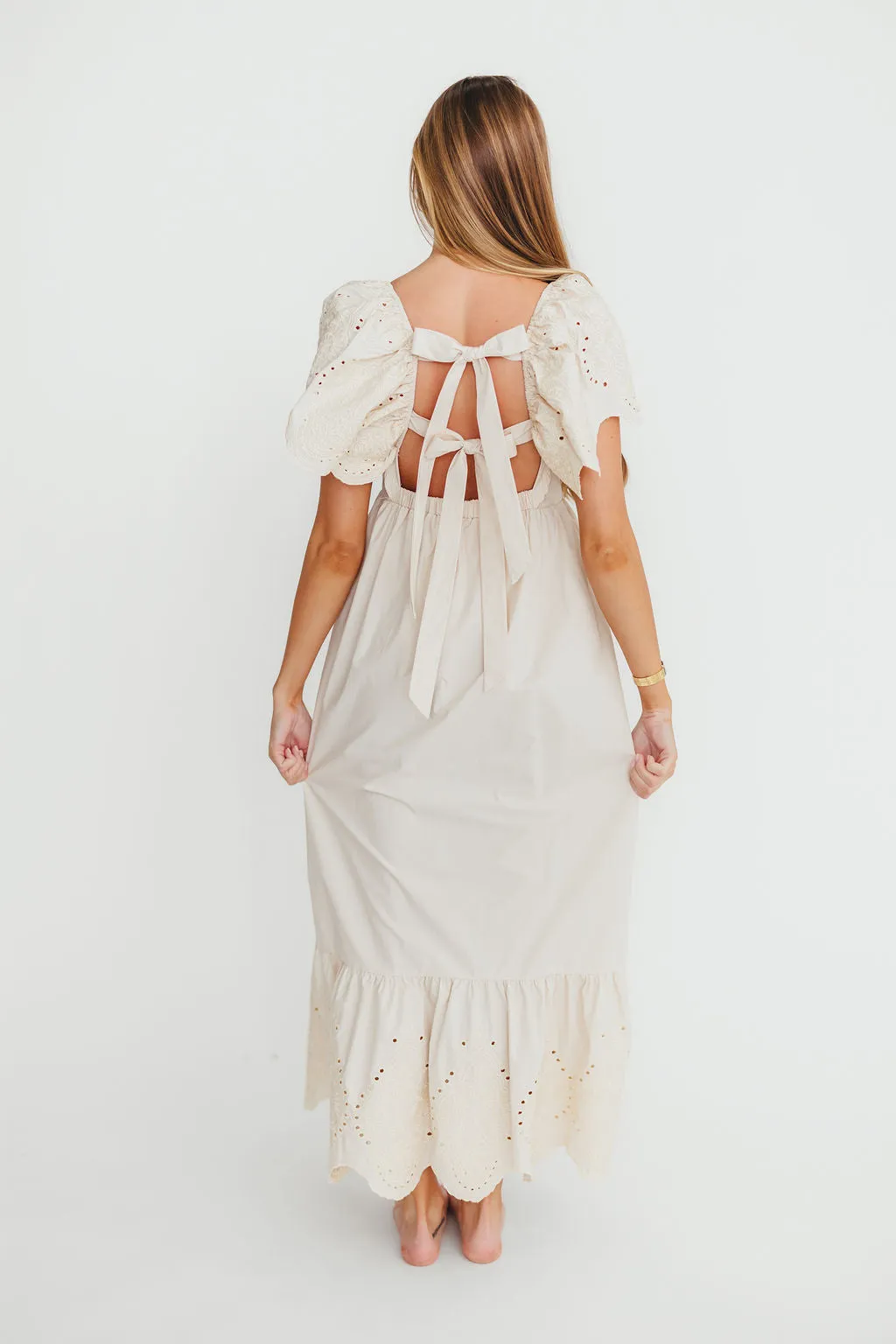 Brooklyn 100% Cotton Eyelet Detail Maxi Dress in Natural